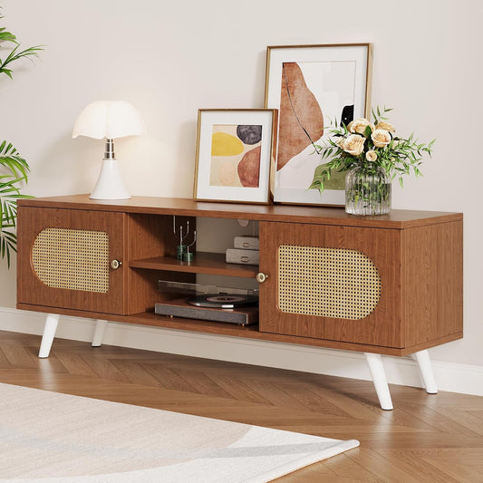 55" Rattan TV Stand for 65 Inch TV Solid Wood TV Console Entertainment Center with 2 Cabinets for Living Room Bedroom, Retro Brown