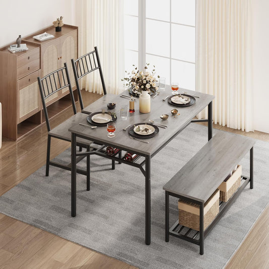 Dining Table Set for 4, Kitchen Table for 4 with Bench and 2 Chairs, 4-Piece Dining Table Set for Apartment, Small Space, Gray