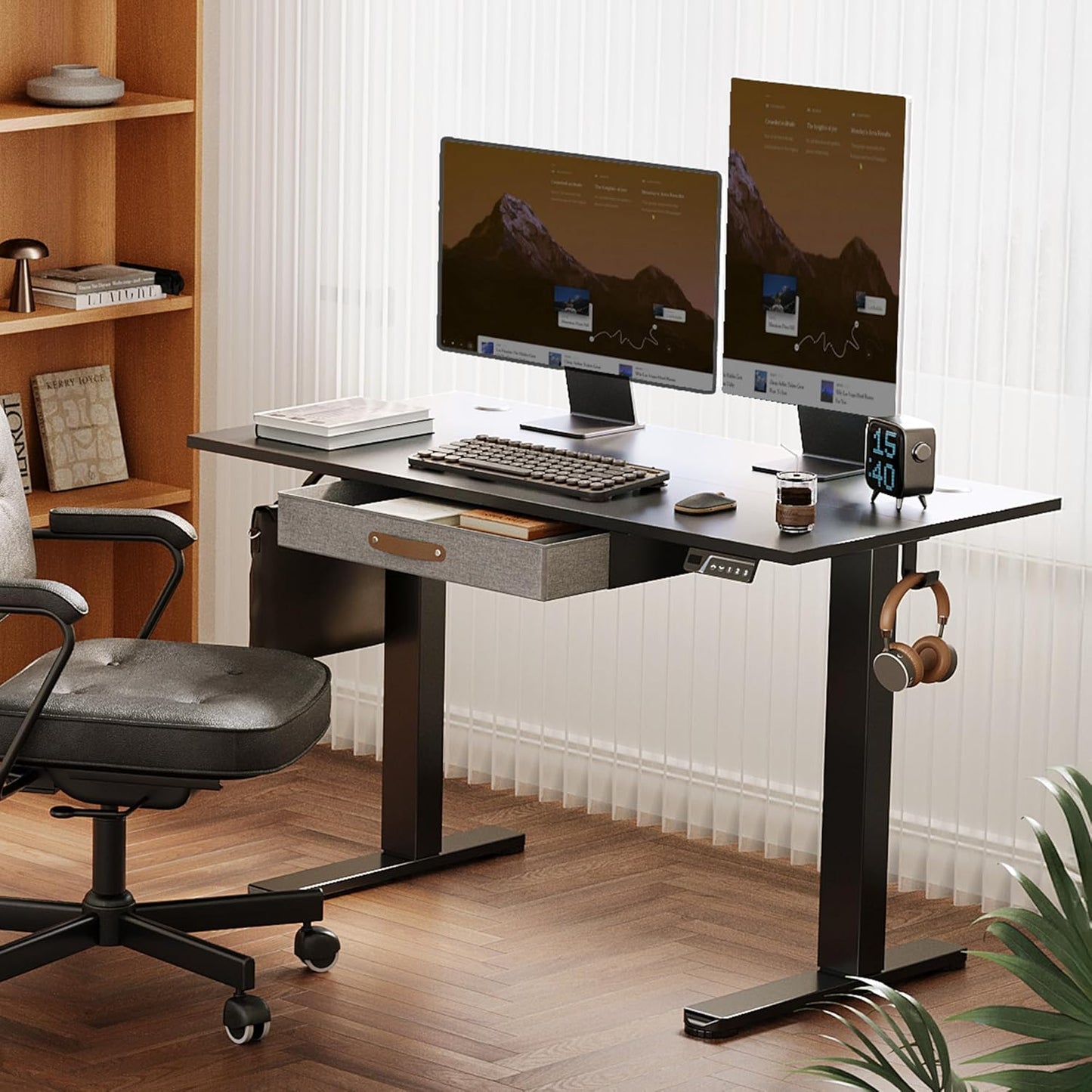 Seang Standing Desk with Drawer, 55" x 24" Height Adjustable Stand Up Desk, 3 Memory Height Settings with Cable Grommets & Storage Hooks, Ideal for Home & Office, Black