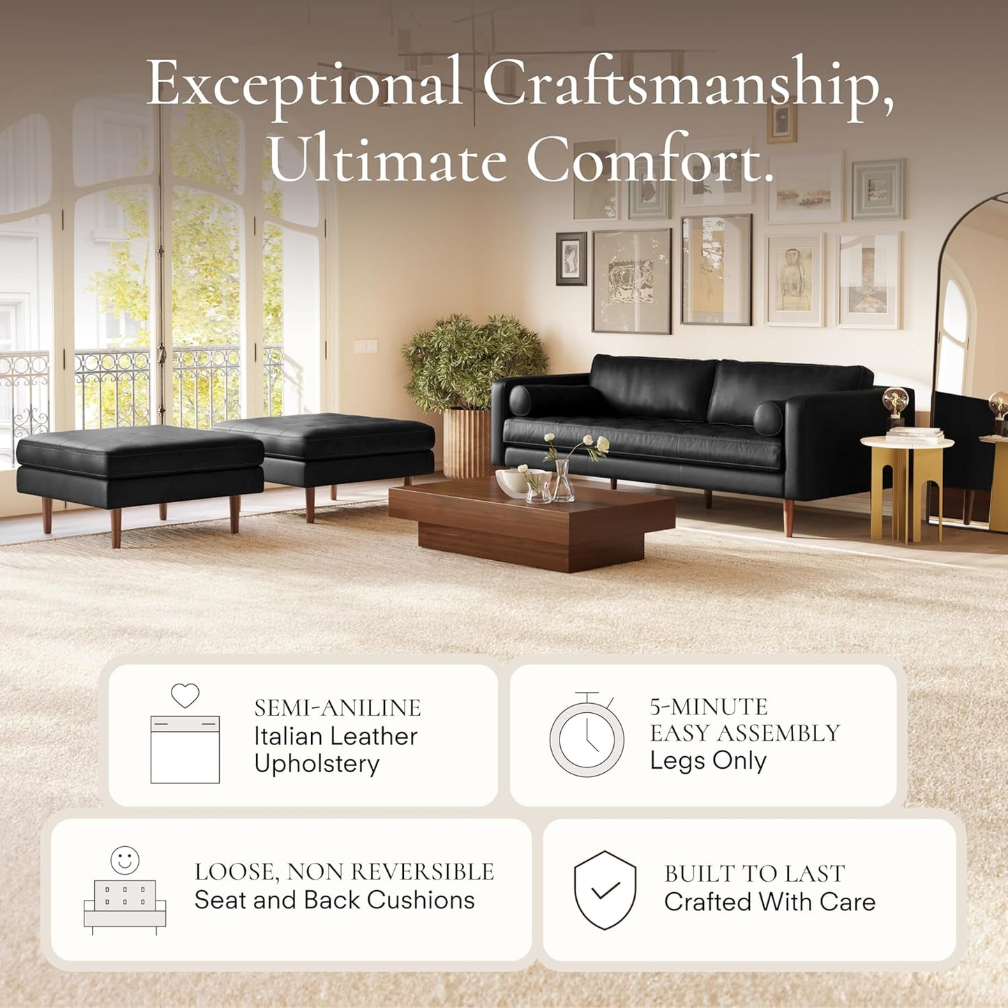 Poly & Bark Napa Leather Couch - 88.5-Inch Office Sofa with 2 Bolsters - Full-Grain Leather Sofa for Living Room with Feather-Down Topper - Living Room Couch - Vintage Italian Leather in Onyx Black