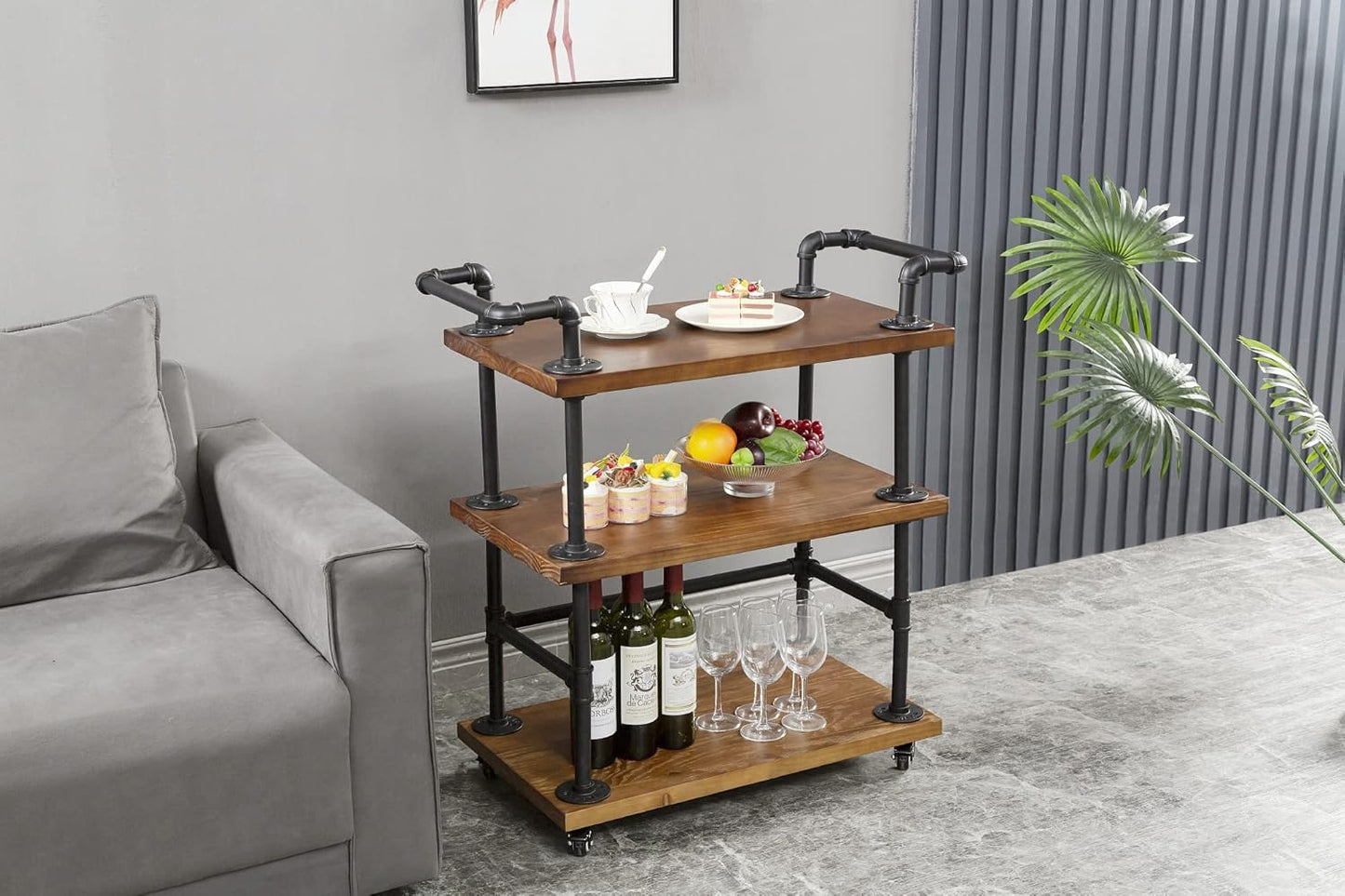 Industrial Pipe Bar Carts/Serving Carts/Kitchen Carts/Wine Rack Carts on Wheels with Shelves - Wood Rolling Carts - Wine Tea Liquor Shelves/Holder - Home Furniture
