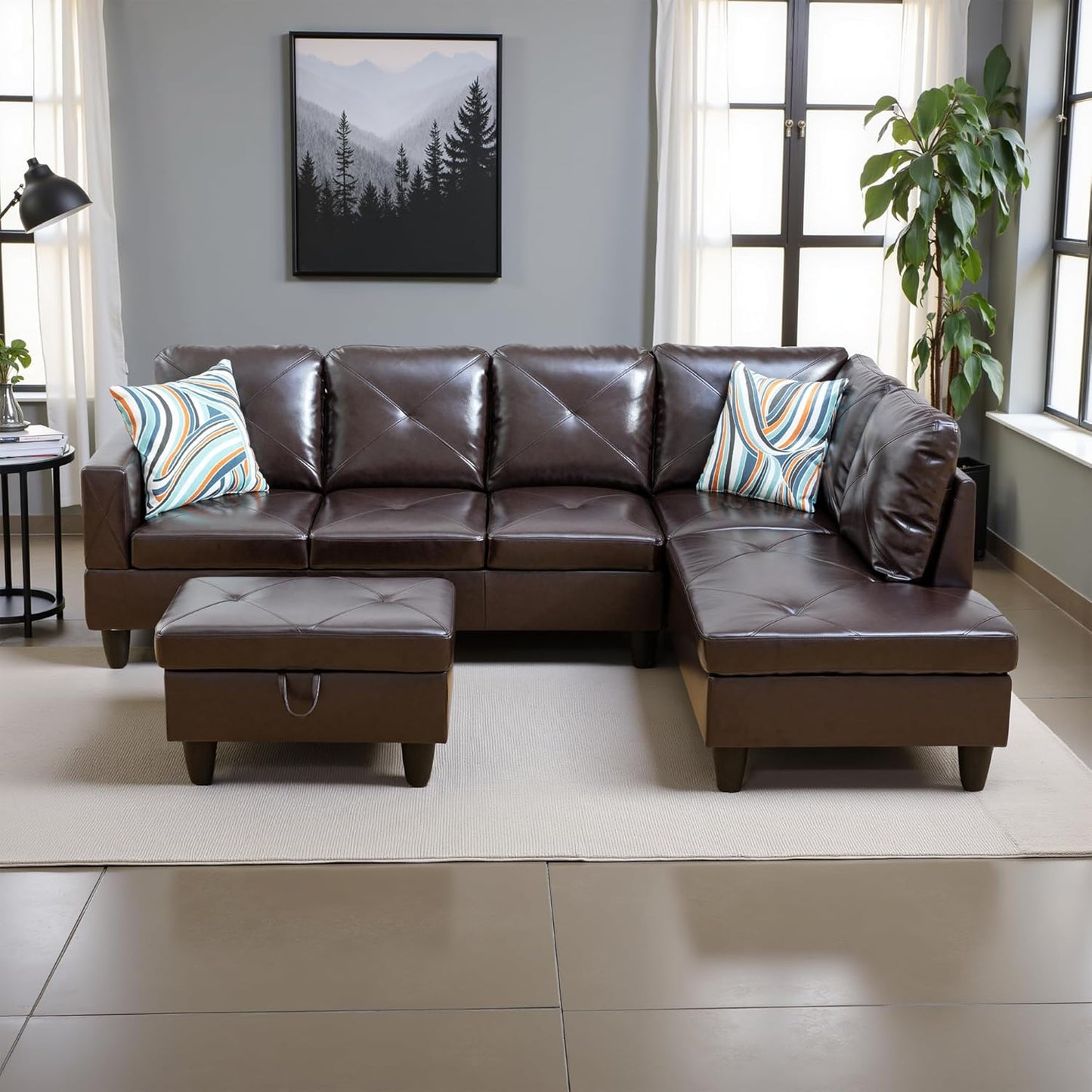 Couches for Living Room Faux Leather L Shaped Couch Comfy 3 Pieces Sectional Sofa with Chaise, Ottoman with Storage for Office and Small Apartment, Brown