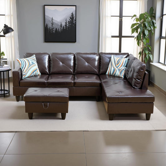 Couches for Living Room Faux Leather L Shaped Couch Comfy 3 Pieces Sectional Sofa with Chaise, Ottoman with Storage for Office and Small Apartment, Brown