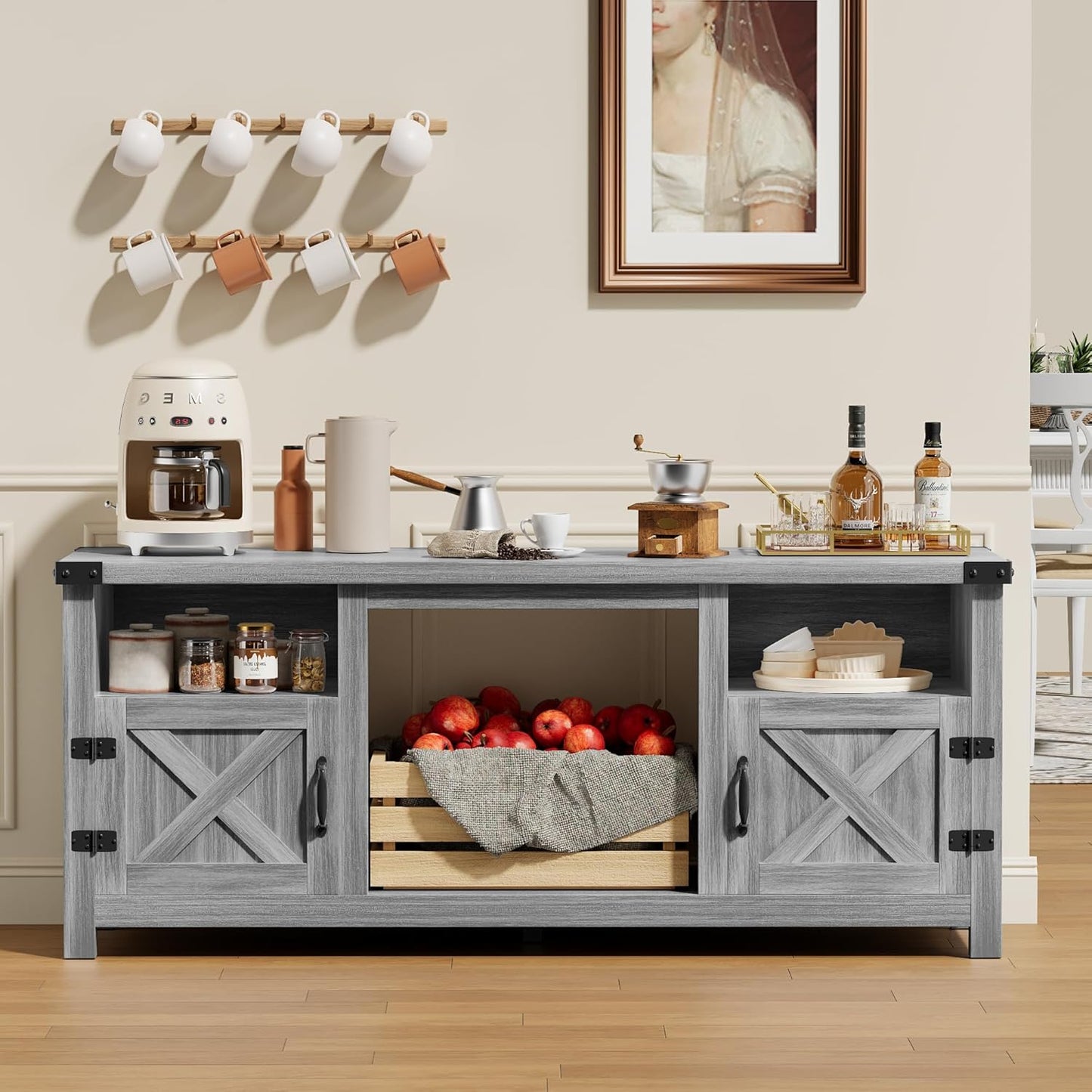 YESHOMY Fireplace TV Stand with Barn Doors and Open Display Shelf, Farmhouse Media Console with Hidden Cable Routing, Entertainment Center for Televisions up to 65+ Inch, Gray Wash