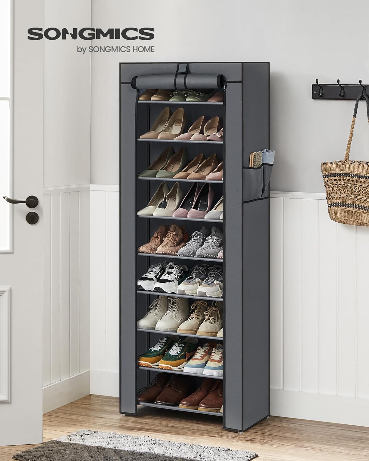 SONGMICS Shoe Rack with Non-Woven Fabric Cover, 9 Tier Storage Shelf for 27-35 Pairs of Shoes, Entryway, Suitable for Sneakers, High Heels, Flats, and Boots, Grey URXJ10G