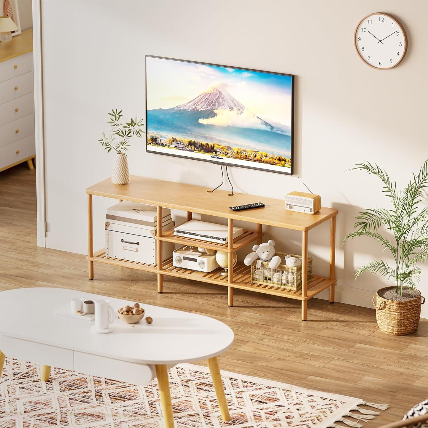 Amazer Bamboo TV Stand for 60 65 Inch TV, Entertainment Center with 3 Tier Open Storage Shelf, Wood TV Table for Living Room, Bedroom