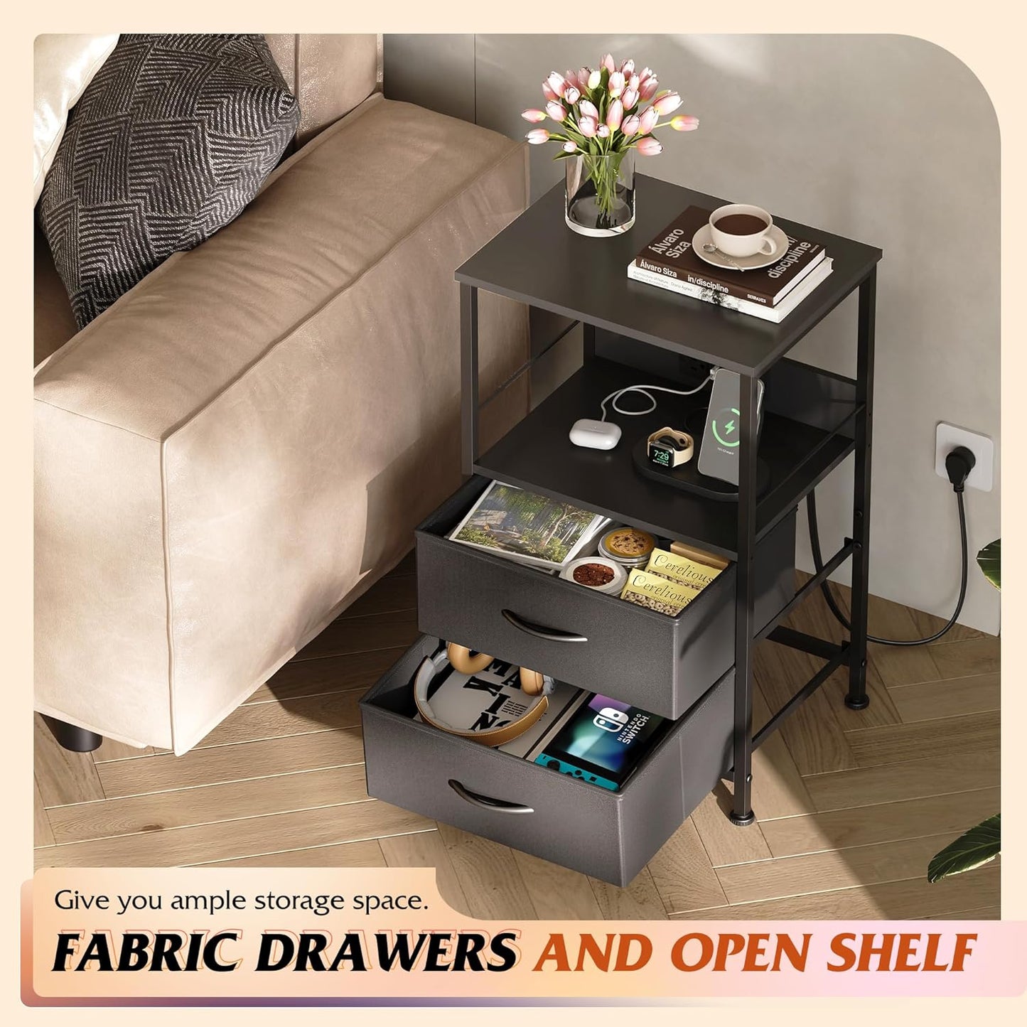 WLIVE Night Stand Set of 2 with Charger Station, Black Nightstand Sets with 2 Fabric Drawers and Storage Shelf, LED Bedside Table, Bedroom Small End Tables with 3 USB Ports and 2 AC Outlets