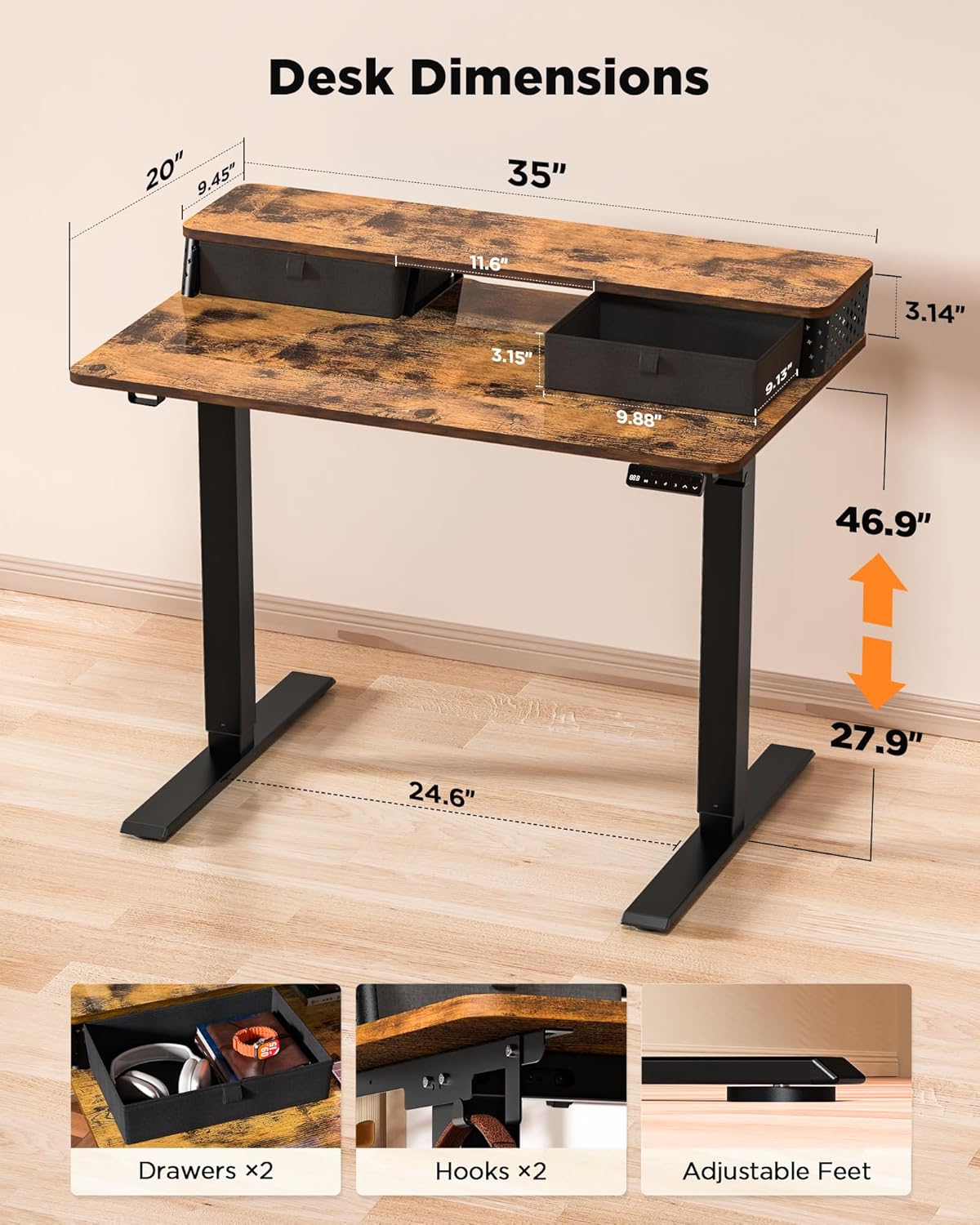 35x20 Inch Standing Desk with Double Drawers,C-Clamp Mount Compatible,Electric Adjustable Height Computer Stand Up Desks, Home Office Sit Stand Table with 3 Preset Heights & Hooks, Rustic Brown