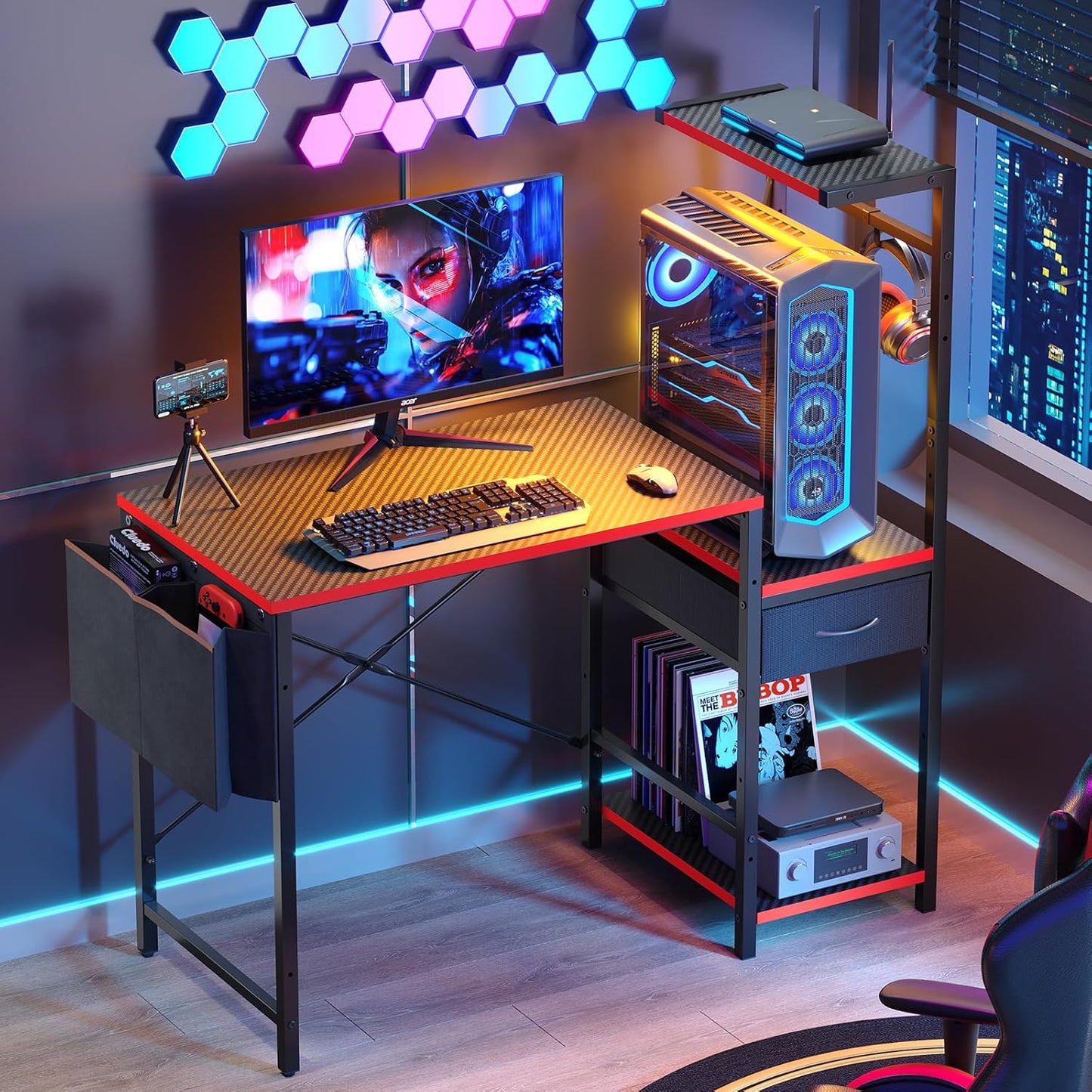 Bestier Gaming Desk with LED Lights, 44 Inch Reversible Computer Desk with Drawers & Storage Shelves for Small Spaces, PC Gamer Table with Storage Bag & Side Hook, Carbon Fiber Black-RED