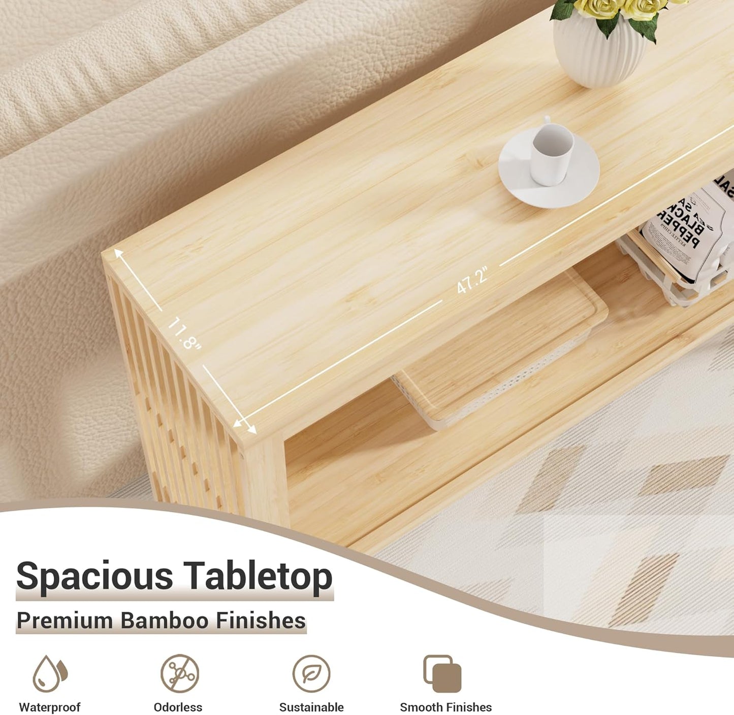 Bamboo Wood Entryway Table 47.2" Console Table, 2-Tier Farmhouse Narrow Sofa Table with Grille-Inspired Sides Easy Assembly for Entrance, Hallway, Living Room, Bedroom, Foyer(Natural)