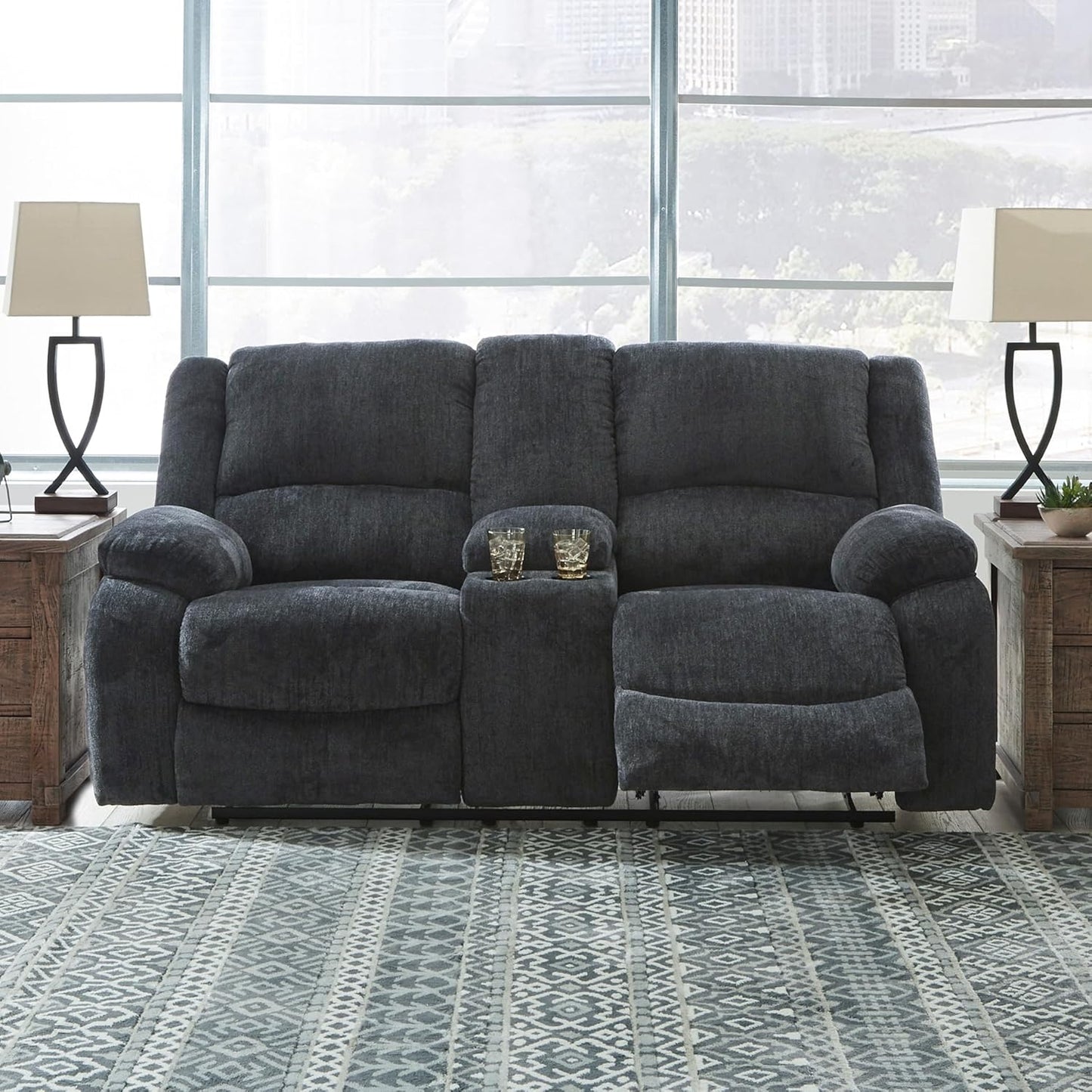 Signature Design by Ashley Draycoll Contemporary Double Reclining Manual Loveseat with Center Console, Dark Gray