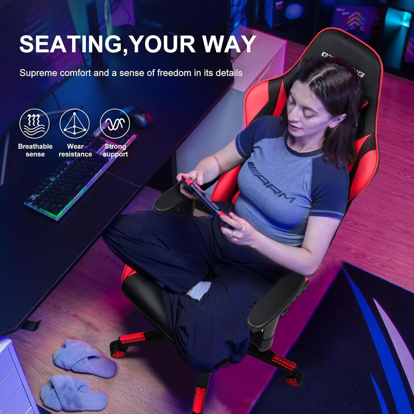 GTRACING Gaming Chair with Footrest, Ergonomic Computer Game Desk Chair, Reclining Gamer Chair Seat Height Adjustment, Swivel Rocker with Headrest and Lumbar (Brickred)