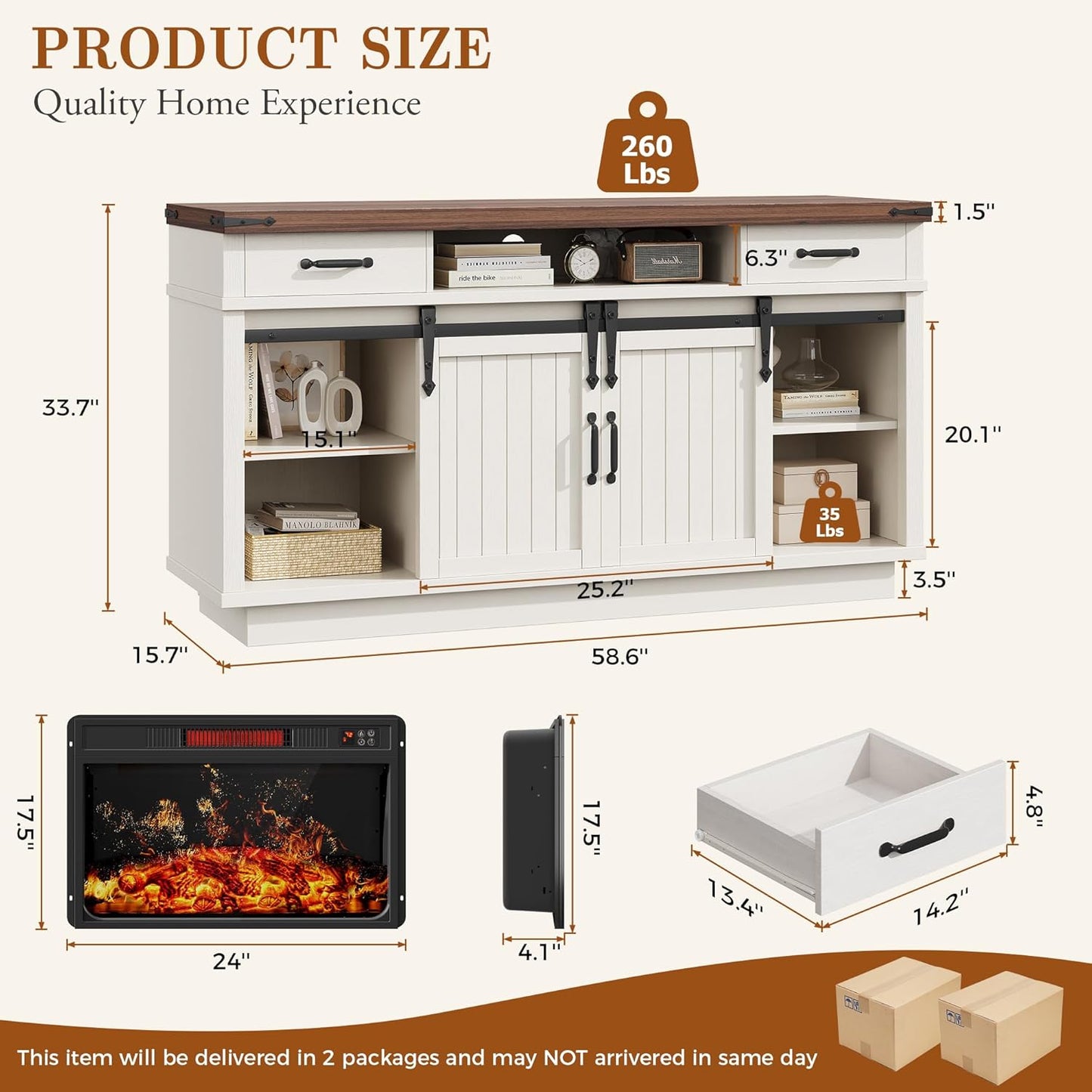 59'' Fireplace TV Stand with 3D Flame Electric Fireplace Heater, 34'' Tall Farmhouse TV Stand for 65 Inch TV, Entertainment Center TV Console with 2 Drawers, Sliding Barn Door for Living Room - White