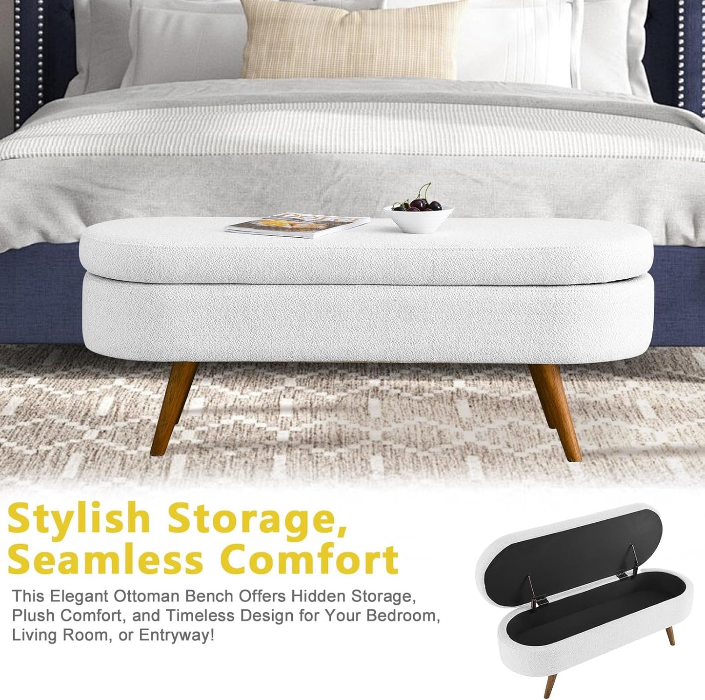 NicBex Ottoman Bench with Storage for Bedroom, 43.5" Upholstered End of Bed Bench with Rubber Wood Legs, Linen Storage Bench for Living Room or Entryway,