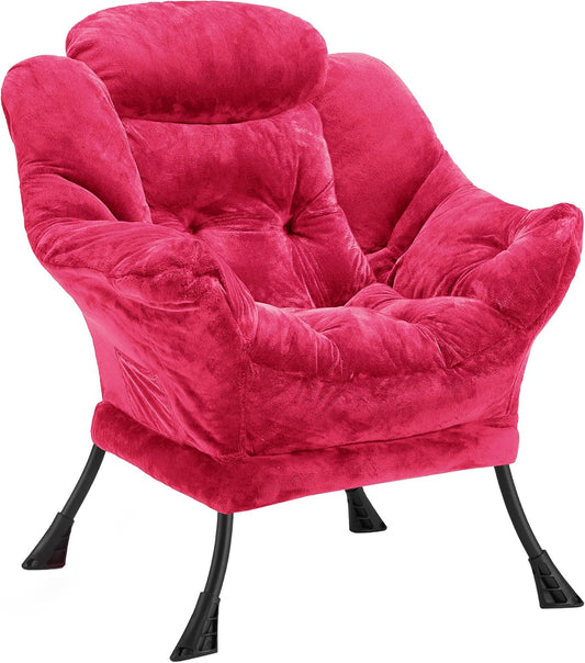 Fabric Lazy Chair for Adults, Oversized Upholstered Sofa Chair, Plush Comfy Lounge Chair with Large Side Storage Pocket, Thick Padded Reading Chair for Living Room, Bedroom, Office, Rose Red