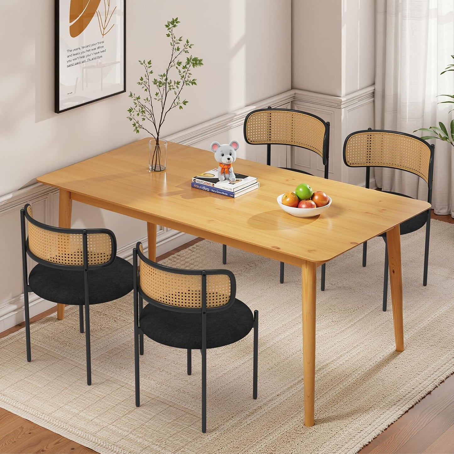 Mid Century Modern Dining Chairs Set of 4 with Rattan Backrest,Velvet Upholstered Accent Kitchen & Dining Room Chairs with Sturdy Metal Frame,Black