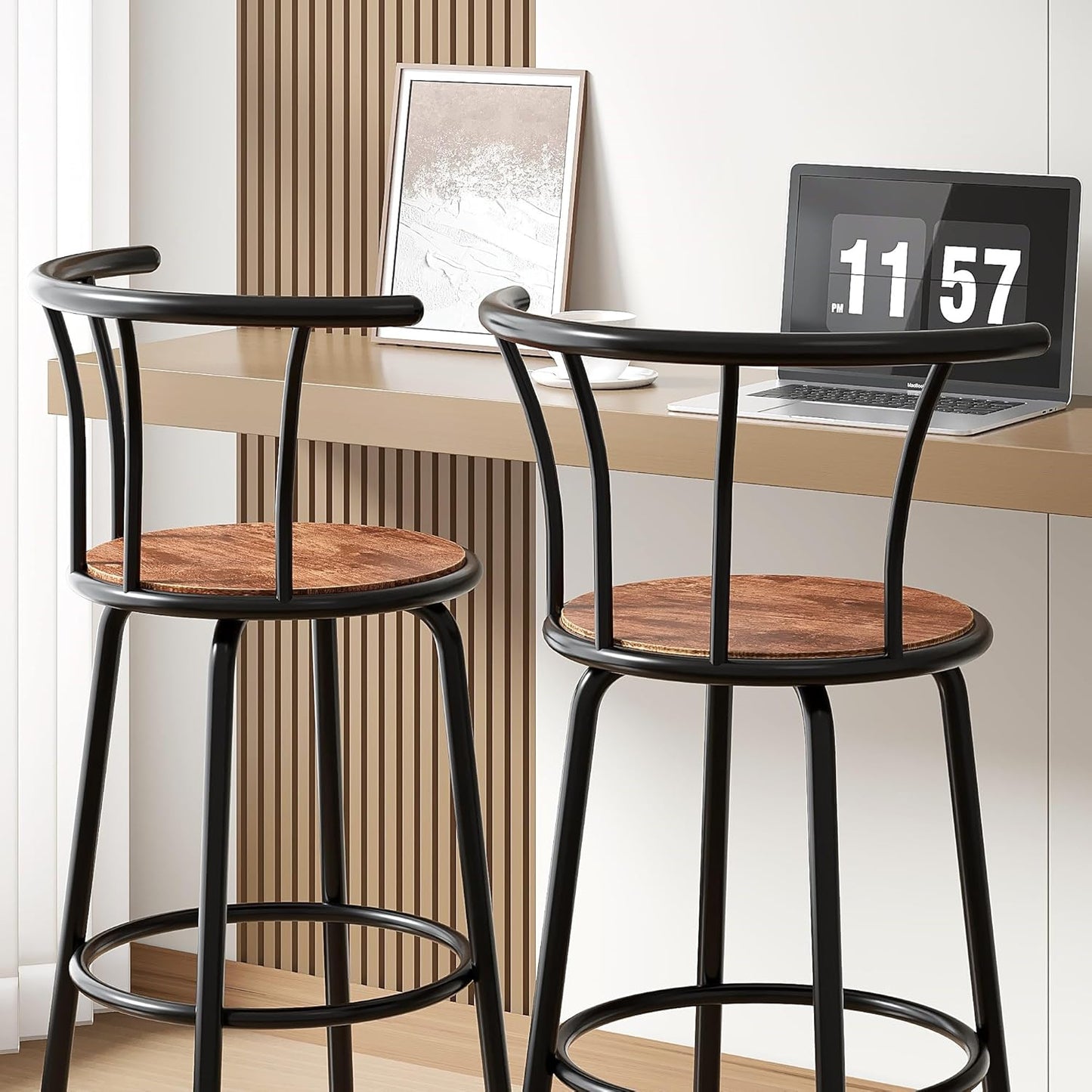 VECELO Bar Stools Set of 4, Swivel Counter Barstools with Backrest, Bar Height Chairs for Dining Room, Kitchen Island, Pub, Easy Assembly, Brown