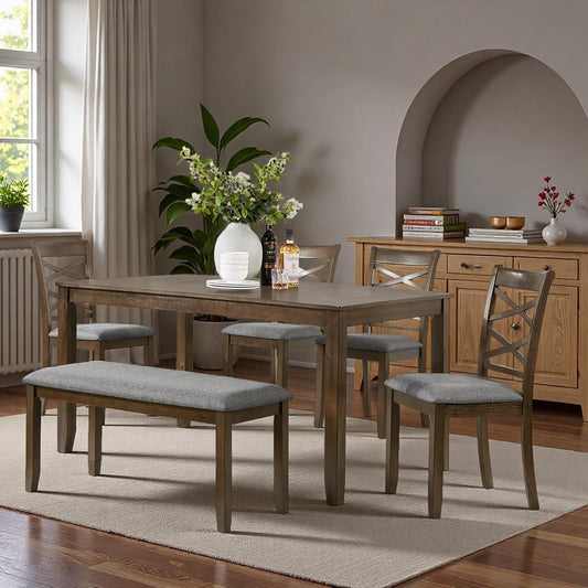 Dining Table Set, Wooden Kitchen Table Set with Rectangular Table, 4 Flat X Backrest Upholstered Chairs & a Bench, Table and Chairs with Non-Slip Feetmats for 6 People, Living Room, Walnut