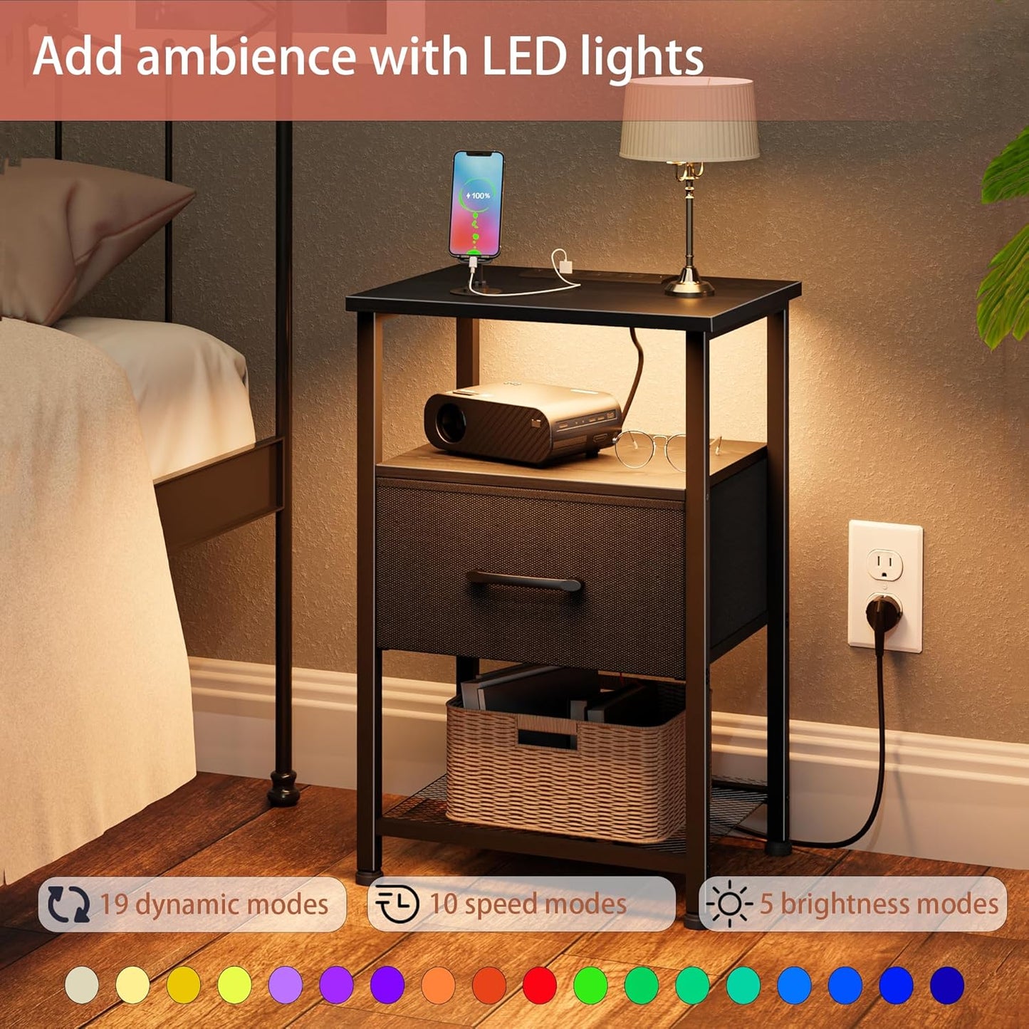 Nightstands Set of 2 with Charging Station and Drawer, End Table Bedside Table with 20 Colors LED Light Strip and 2 Layers Shelf for Bedroom Living Room Sofa Couch (Black)