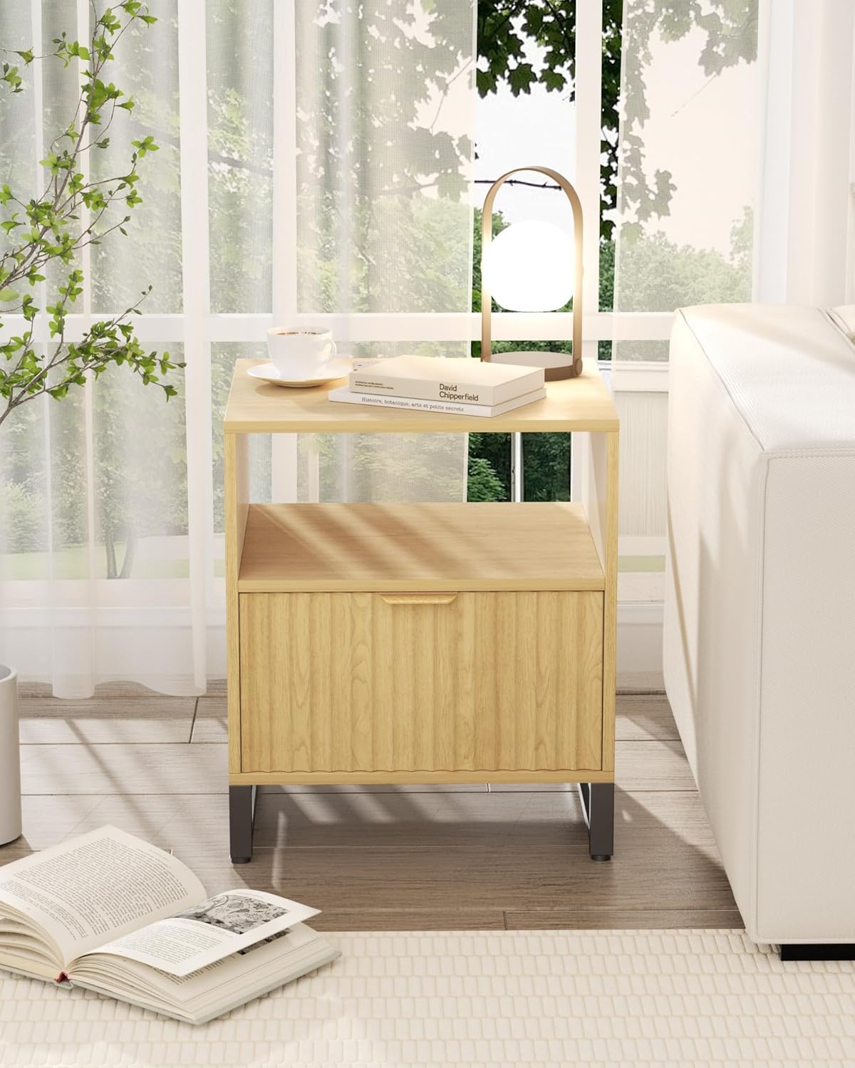 Fluted Night Stand with Charging Station, Wood Nightstand with Large Drawer and Open Storage Cabinet, Mid-Century Modern Bedside Table End Table for Bedroom Closet Office