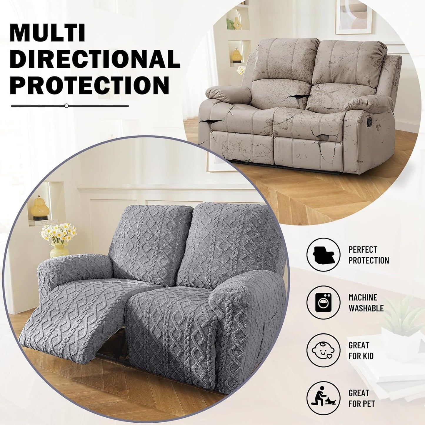 vctops 6 Pieces Geometric Jacquard Plush Recliner Loveseat Slipcovers Soft Fuzzy Fluffy Sofa Couch Cover Anti-Slip Furniture Protector with Elastic Bottom for Kids Cats Dogs(Grey,2 Seat)