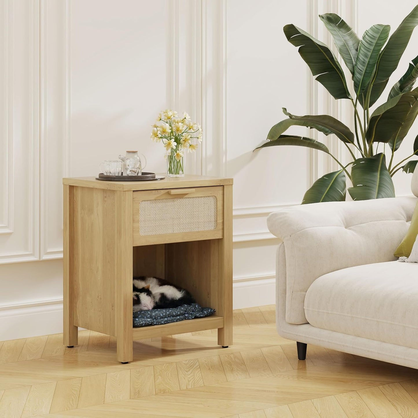 Rattan Nightstand, Farmhouse Bedside Table with Opening Storage,Large Side Table with Drawer,Boho Night Stand,Wooden End Table,Handmade Solid Wood Handle,Natural CTG65Y