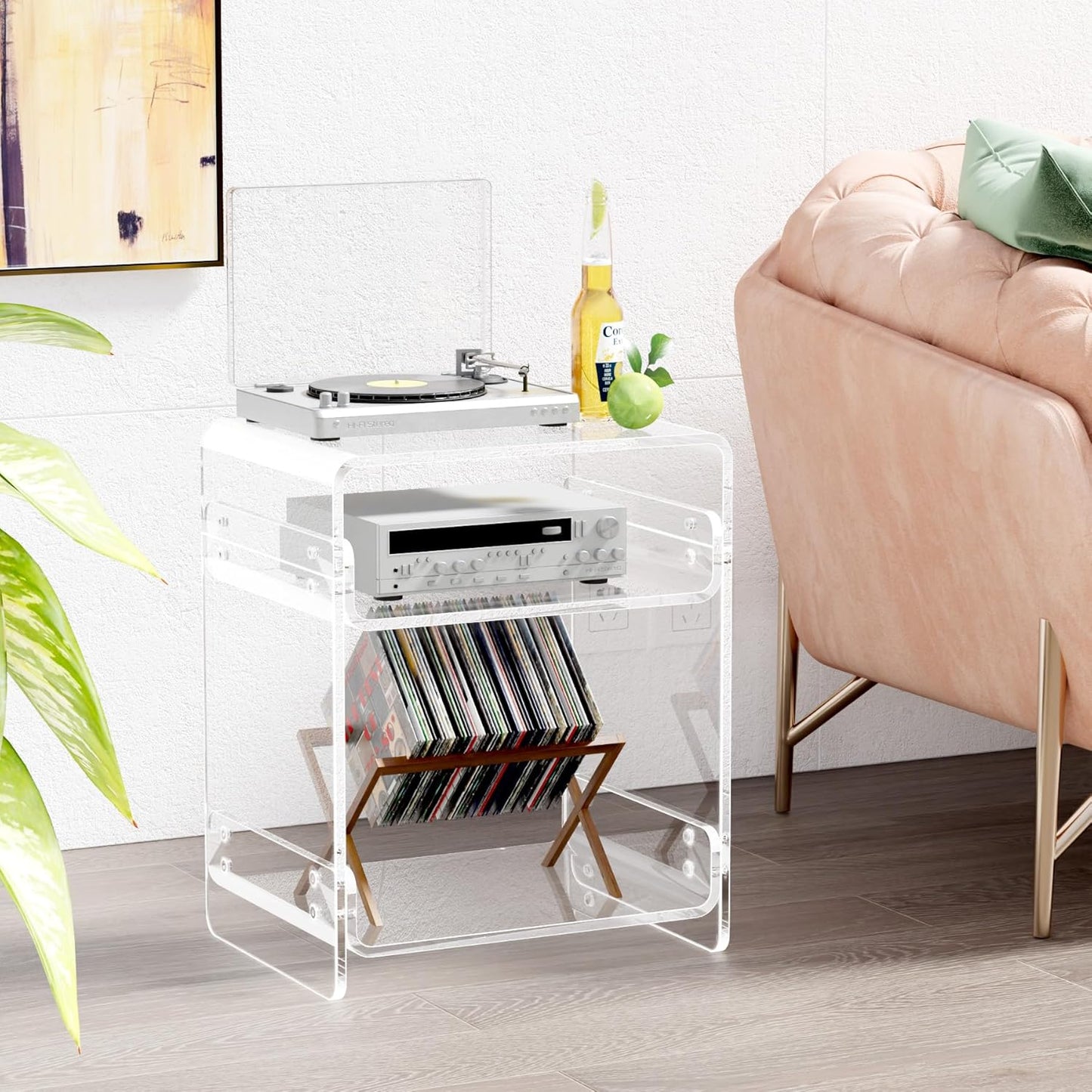 Acrylic Record Player Table with Storage Shelf– Sleek Bedside Storage with Durable Design, Perfect for Bedrooms, Living Rooms, or Modern Interiors – Ideal as a Bedside Table or Sofa Side Piece