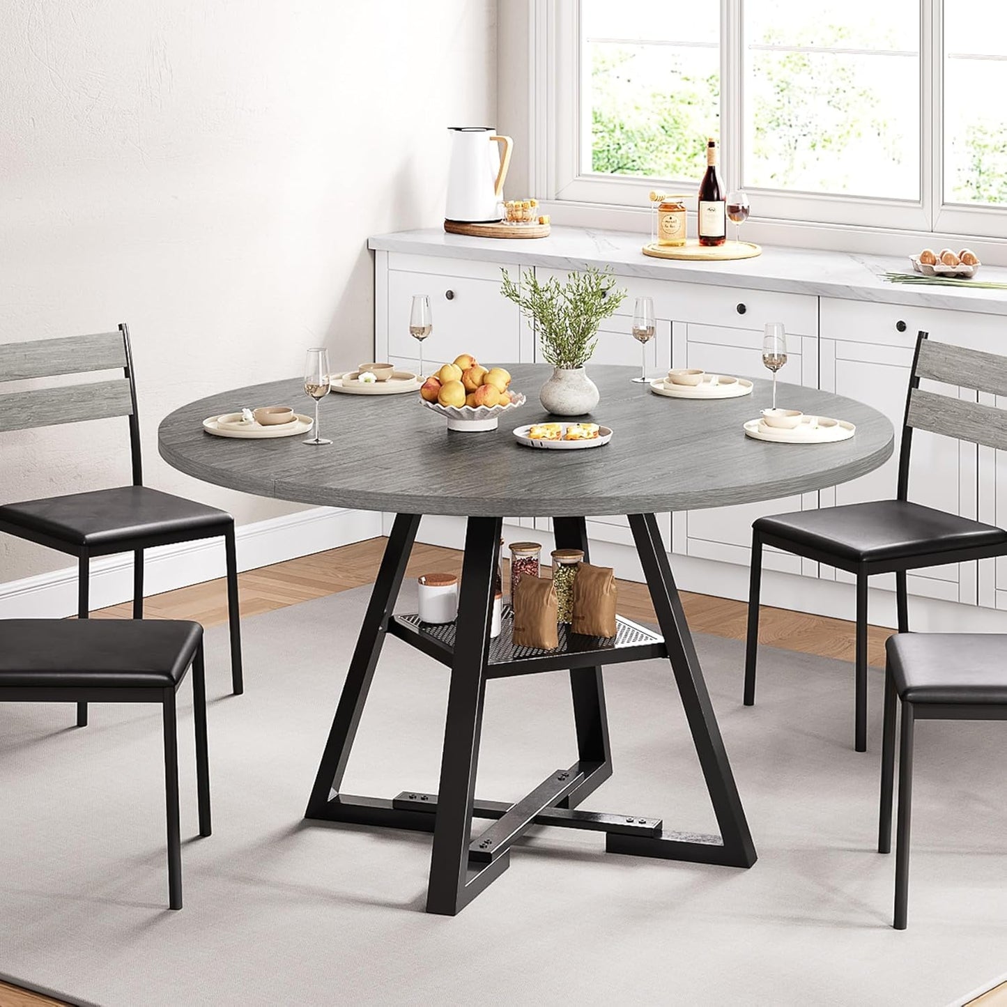 Round Dining Table for 4,Kitchen Dining Room Circle Dinner Pedestal Table,Space Saving Wood Kitchen & Dining Room Furniture, 42In,Grey