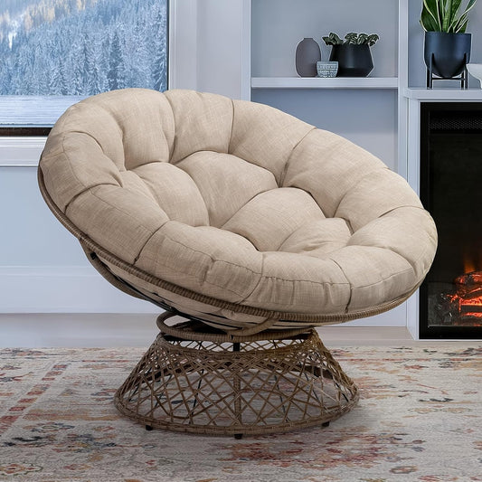 Bme Metal Oversized Swivel Papasan Chair, Living Room Chair with Beige Cushion, Brown Frame, 360° Swivel, Skillfully Woven Resin Wicker, 46 Inch Wide, Bee-Designed Base, Modern Style, Indoor Use