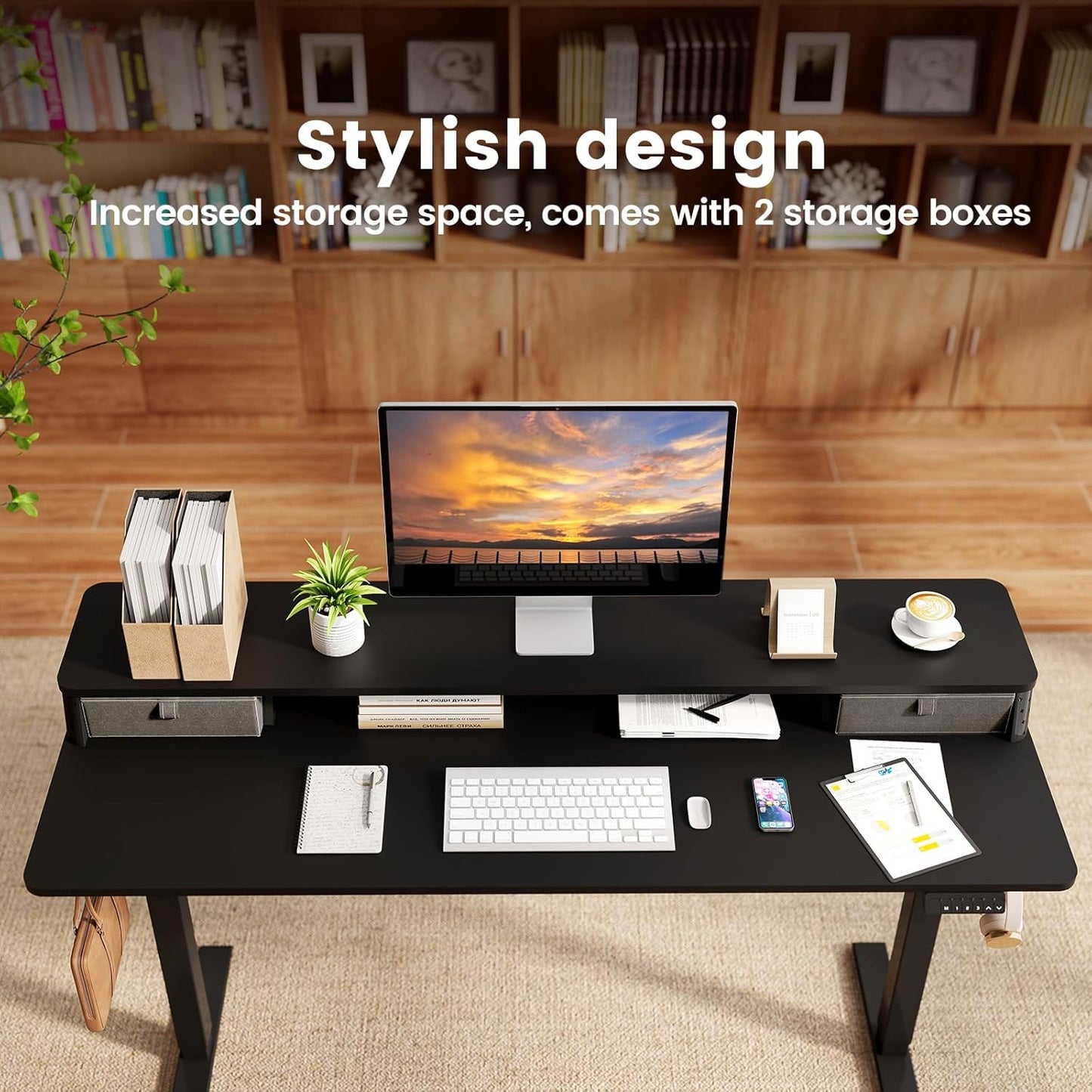 Standing Desk with Drawers and Brushless Motor,Electric Height Adjustable Desk for Walking Pad,Ergonomic Stand Up Desk for Home Office & Gaming,3 Memory Height Preset & Hooks(48" x 24",Black)