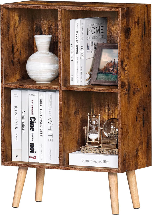 LEYAOYAO 4 Cube Bookshelf, 2-Tier Bookcase with Legs, Brown Kids Book Shelf Cute Storage Organizer, Free Standing Open Toy Shelves Modern Bookshelves,Wood Display Bookcases for Bedroom,Living Room