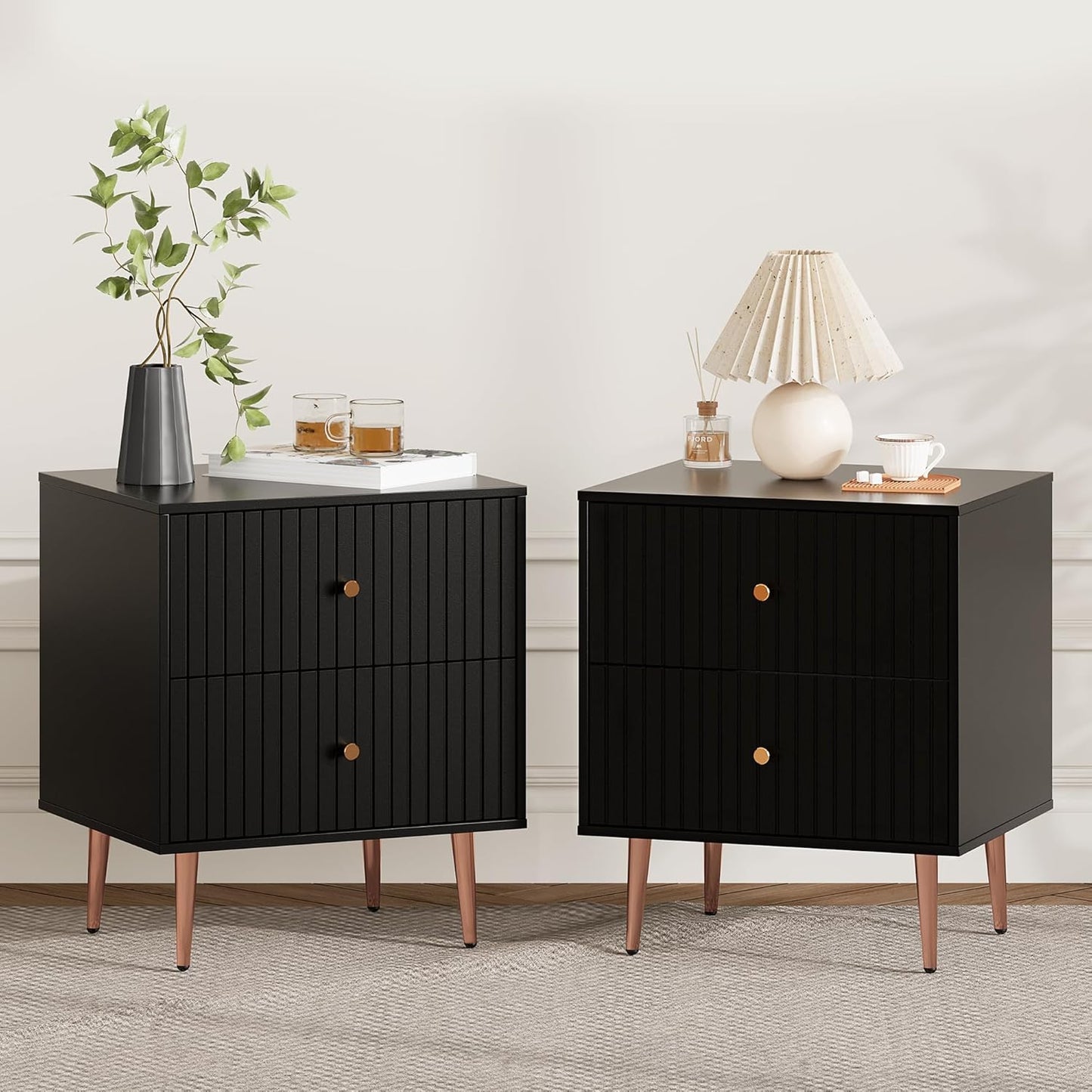 Black Night Stand Set 2,Fluted Nightstand with Door and Open Storage Space,Modern Bedside Table and Wood End Side Table with Golden Metal Legs and Handles for Bedroom,Black (Black, 2 Drawers)