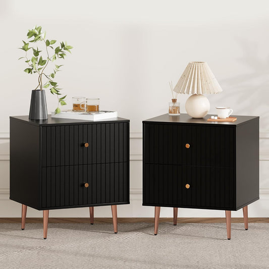 Black Night Stand Set 2,Fluted Nightstand with Door and Open Storage Space,Modern Bedside Table and Wood End Side Table with Golden Metal Legs and Handles for Bedroom,Black (Black, 2 Drawers)