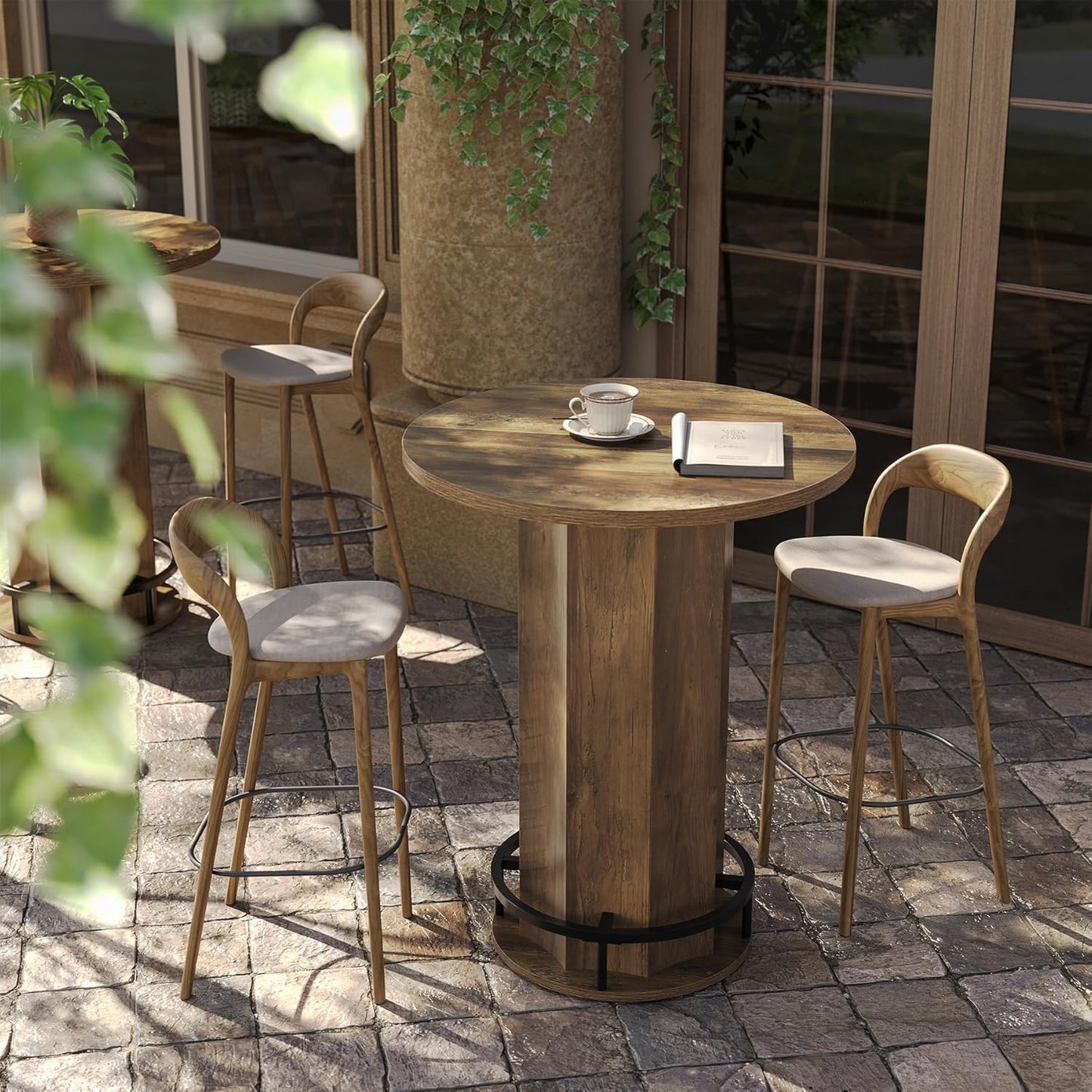 LITTLE TREE Round Bar Table, 39.4" H Wooden Bistro Pub Table with Round Metal Footrest, Small Pub Cocktail Table for Dining Coffee Living Room, Apartment, Balcony, Rustic Brown