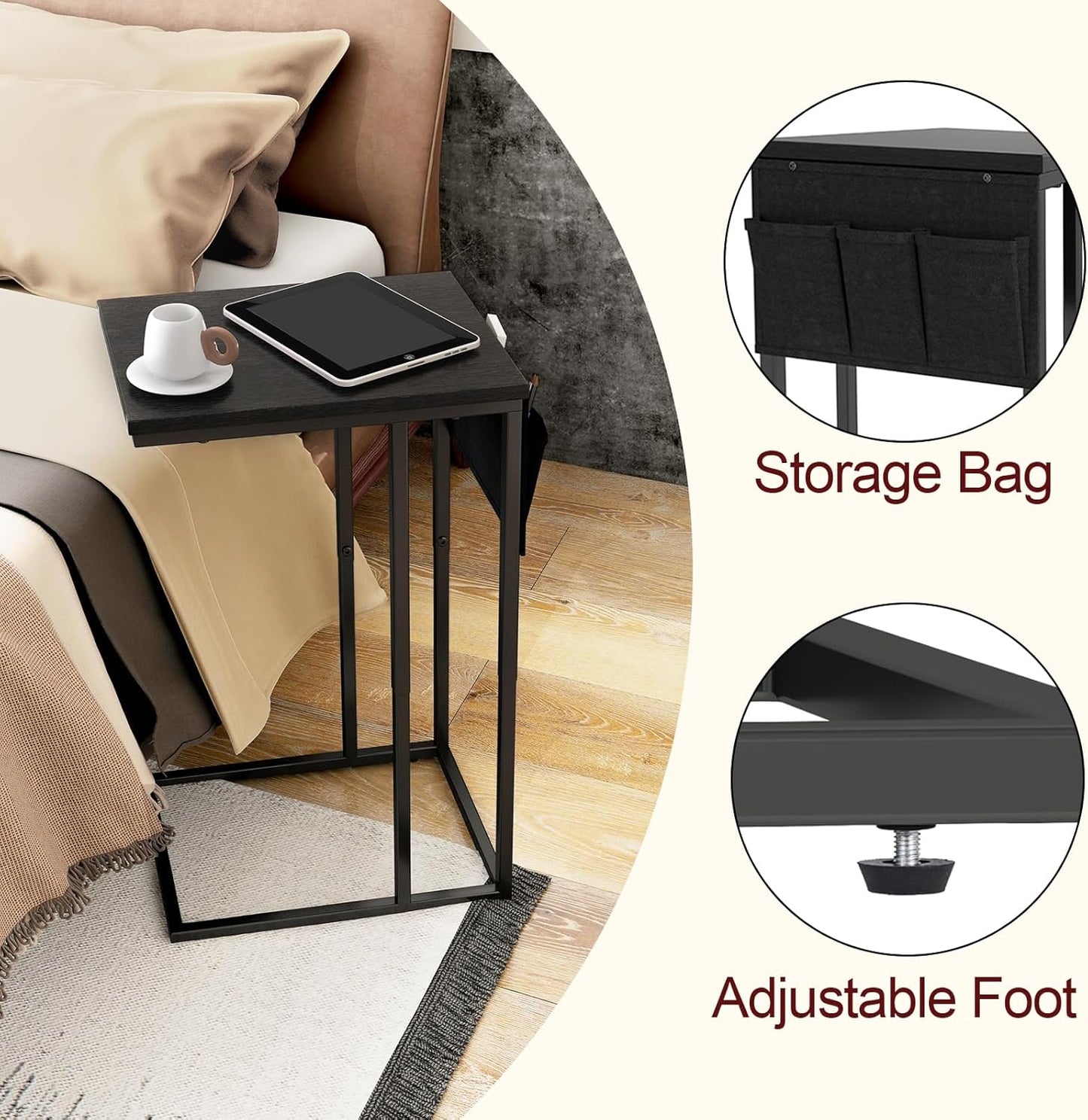 C Shaped End Table for Couch, Small Couch Side Table for Sofa, C Side Table with Storage Bag, TV Tray Table for Living Room, Bedside Table for Bedroom, Snack End Table for Couch, Black