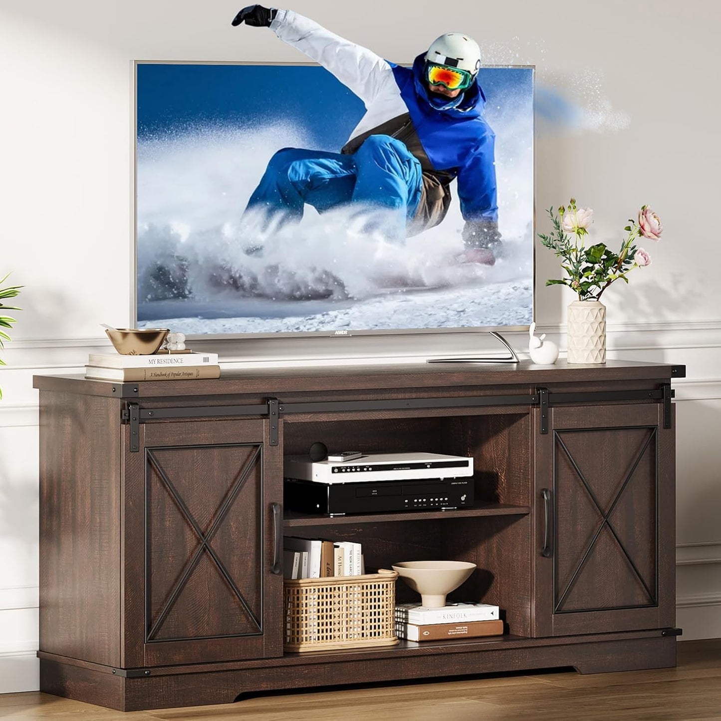 GarveeHome Farmhouse TV Stand for TV up to 65 Inches and Entertainment Center with Sliding Barn Doors and Adjustable Shelf, Tv Media Console Table with Storage Cabinet for Living Room, Bedroom, Brown