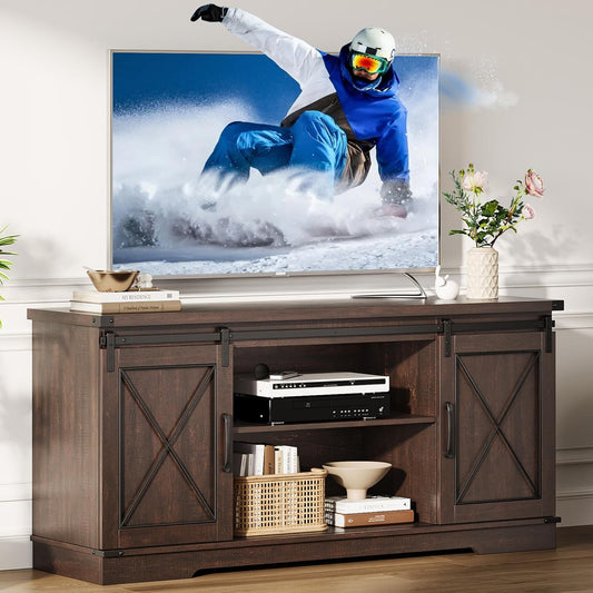 GarveeHome Farmhouse TV Stand for TV up to 65 Inches and Entertainment Center with Sliding Barn Doors and Adjustable Shelf, Tv Media Console Table with Storage Cabinet for Living Room, Bedroom, Brown