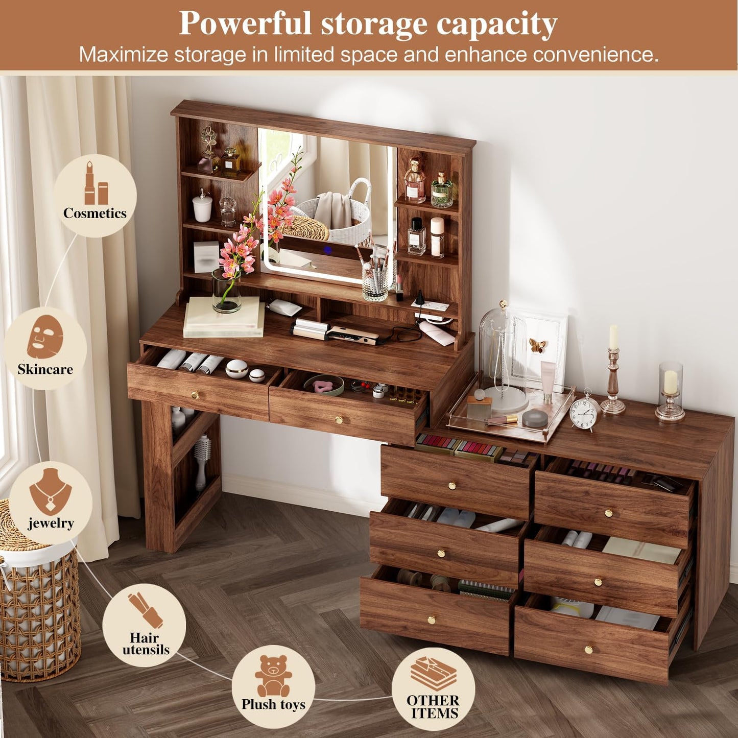 Makeup Vanity Desk with Mirror and Lights, Vanity Desk with 8 Drawers & Storage Shelves, Vanity Table with Power Outlet, 3 Color Modes & Adjustable Brightness Dressing Table, Bedroom,Brown