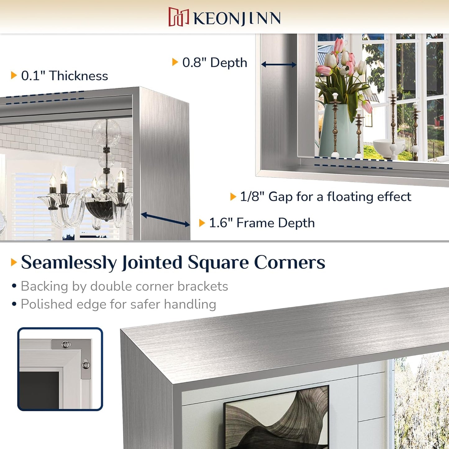 Keonjinn Brushed Nickel Bathroom Mirror 60 x 40 in Rectangle Frame Mirror for Over Sink, Rectangular Metal Framed Vanity Mirror Square Corner Aluminum Alloy Modern Silver Mirror(Horizontal/Vertical)