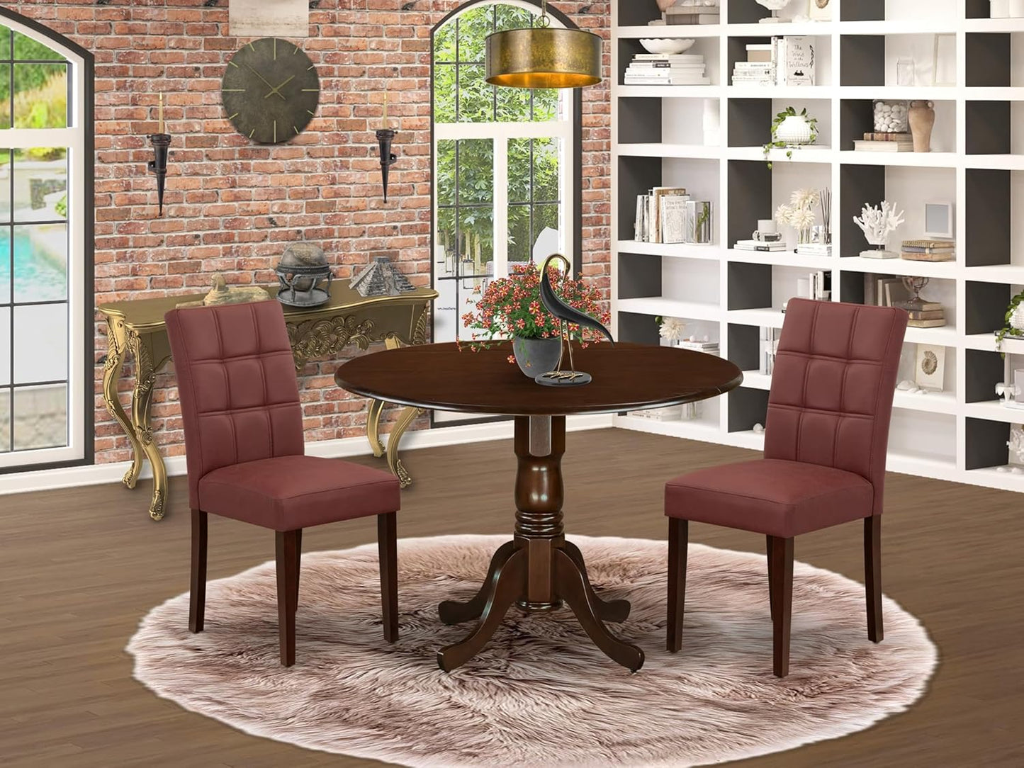 East West Furniture DLAS3-MAH-26 3 Piece Mid Century Modern Dining Table Set contain A Wooden Kitchen Table and 2 Burgundy Polyester Fabric Mid Century Modern Dining Chairs, Mahogany