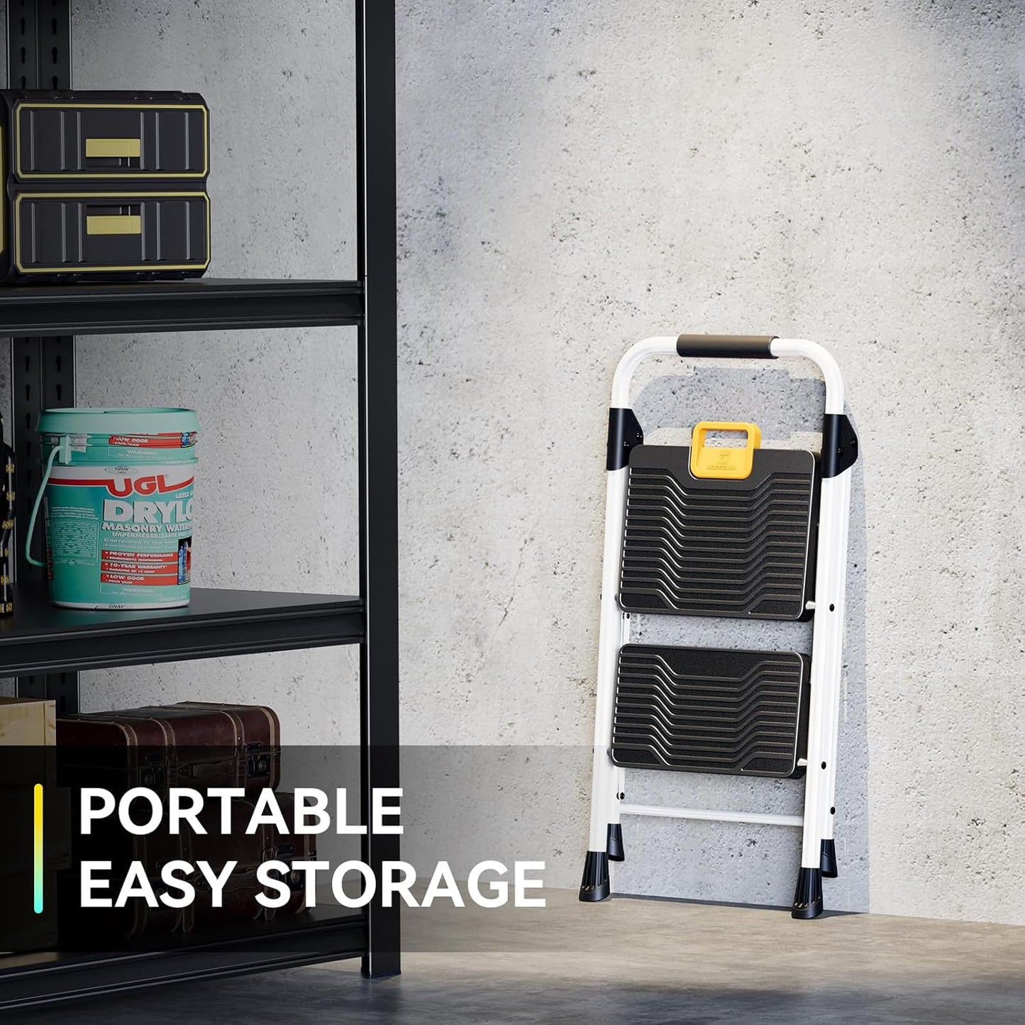 KINGRACK 2 Step Folding Ladder, 800lbs Capacity Step Stool with Safety Lock, Non-Skid Wide Pedals, and Handrail, Lightweight, Household Ladder for Home, Kitchen, Pantry, Closets, and Office Use, White