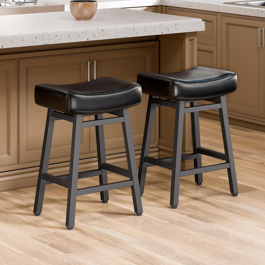 Counter Height Bar Stools Set of 2, 24 Inch Backless BarStools for Kitchen Island Leather Saddle Bar Chairs Kitchen Stools with 4" Thick Seats & Heavy Duty Metal Base, Black
