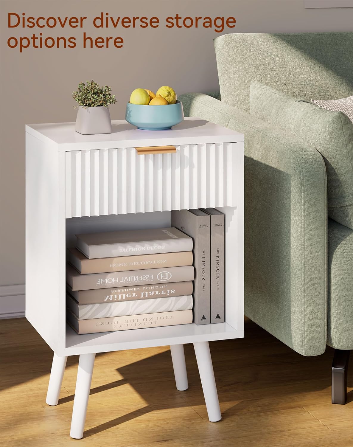 YMYNY Mid Century Modern Nightstand, Side Table, Fluted Night Stand with Drawer, Open Shelf Unit, Golden Handle, Solid Wood Legs, Bedside Table, for Bedroom, White UHST013W