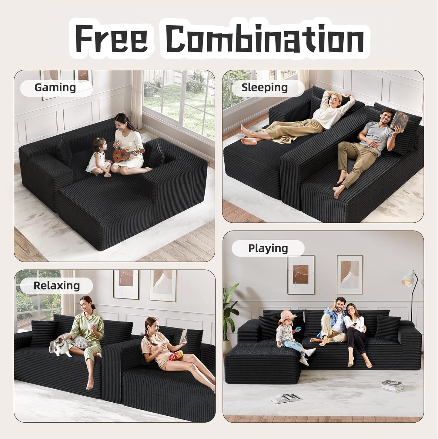 Cloud Sectional Couch, 104”L-Shape Large Oversized Sofa with Left Chaise Lounge, Modular Sleeper Couch with Pillows & Deep Seat, Flannel Velvet Compressed Sofa for Living Room, Black