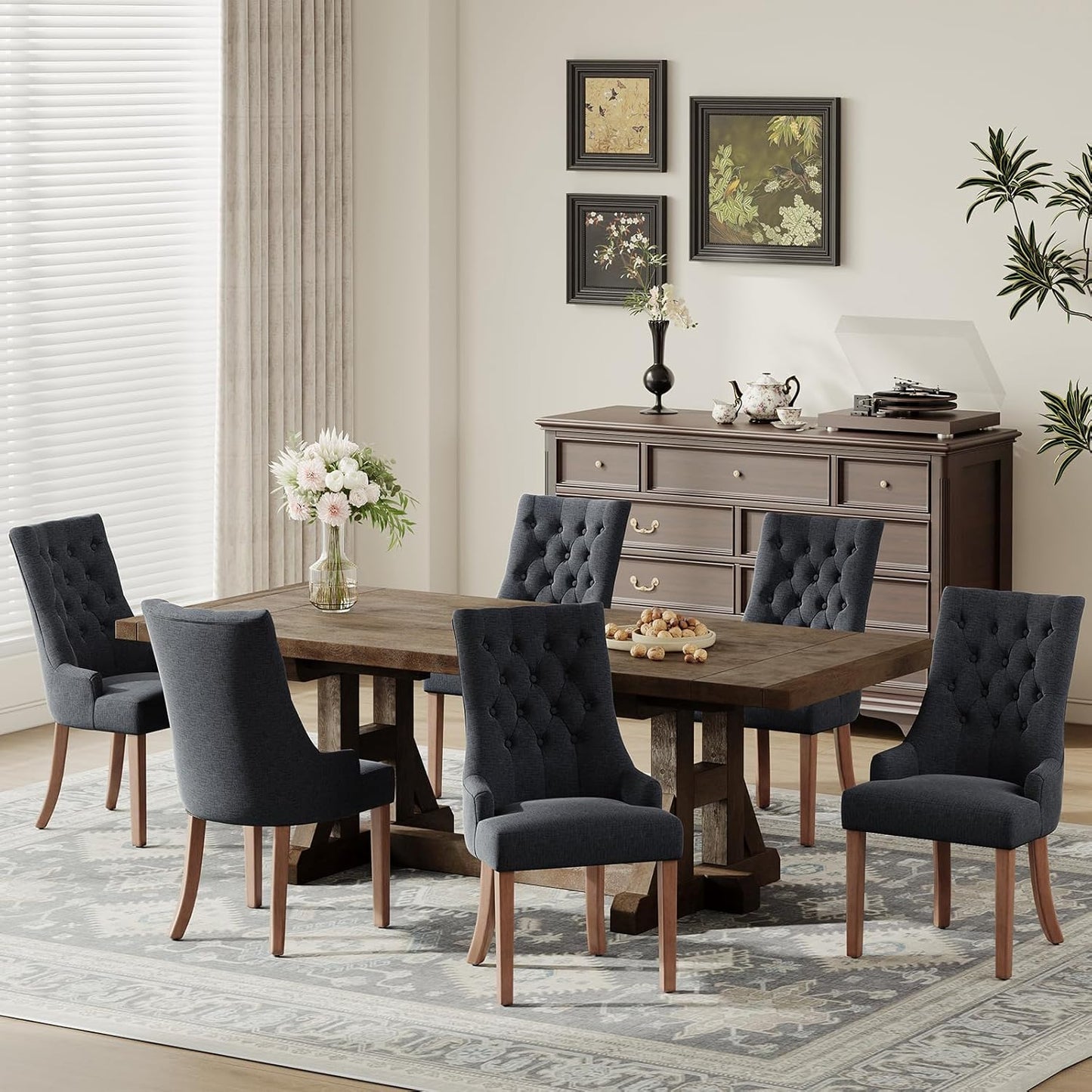 COLAMY Wingback Upholstered Side Dining Room Chairs Set of 6, Fabric Dining Chairs with Tufted Button, Living Room Chairs for Home Kitchen, Black