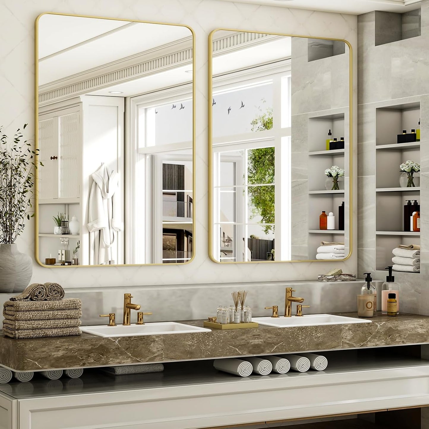 30 x 48 Inch Bathroom Mirror, Rounded Rectangular Vanity Mirror for Wall, Modern Mirror for Room Decor, Gold Framed Wall-Mounted Mirrors for Home Decor, Hangs Horizontally or Vertically