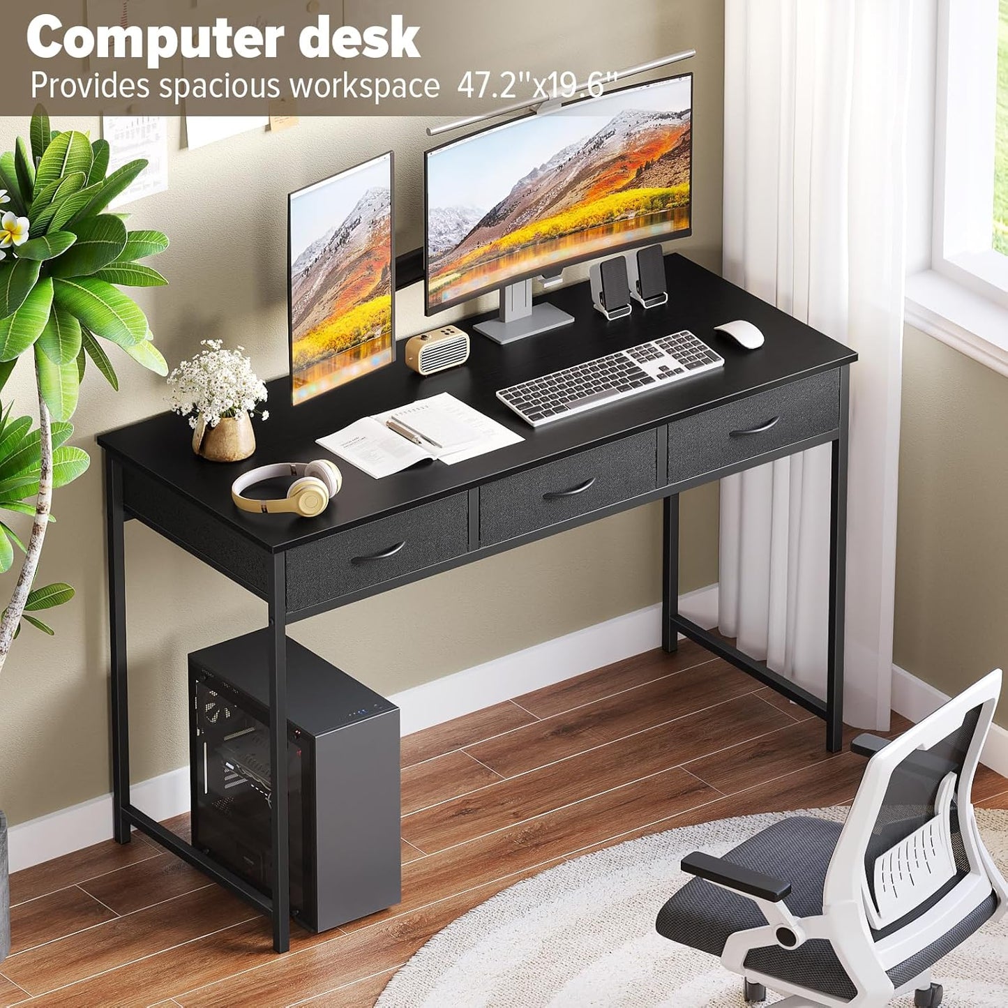 WOHOMO Computer Desk with 3 Drawers, 47.2 Inch Bedroom Desk with Storage, Home Office Desk for Room Spaces, Modern Work Writing Study Tables, Black