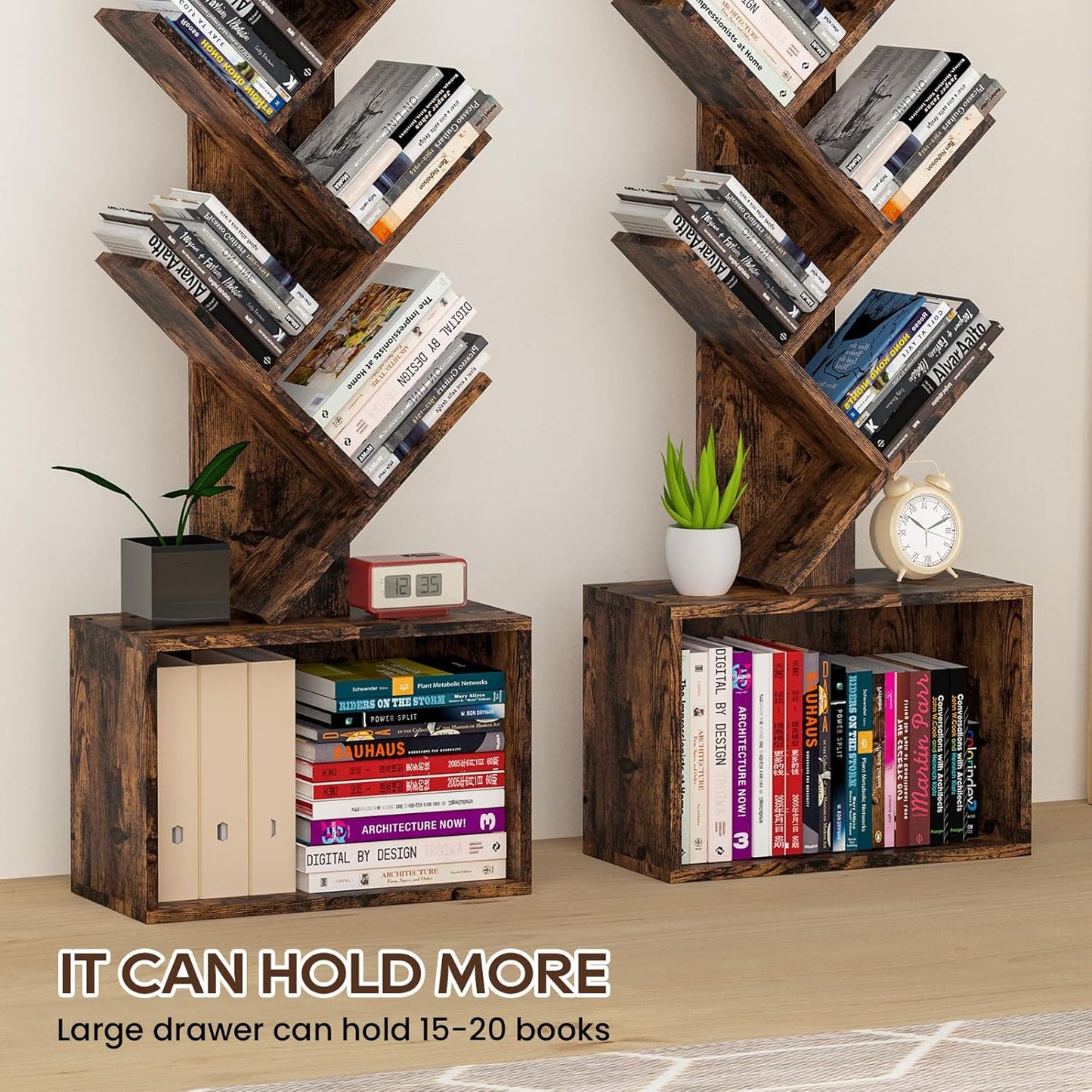 6 Tier Tree Bookshelf, Sturdy Retro Floor Standing Wood Bookcase, Storage Rack for Home Office, Living Room, Bedroom, Reading Spot, Heavy Book Organizer Shelves for CDs/DVDs/Movies