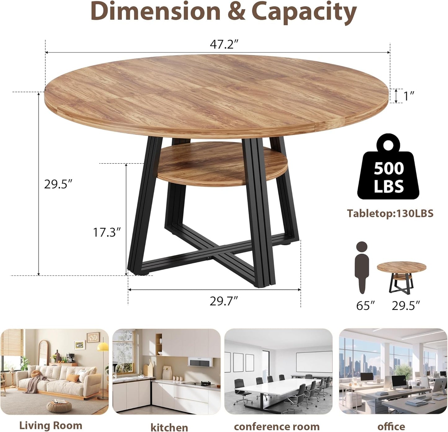 GarveeHome Round Dining Table for 4-6, 47.2" Farmhouse Kitchen Table with Storage, Circle Dinner Tables for Kitchen, Dining Room, Living Room, Meeting Room, Apartment, Retro