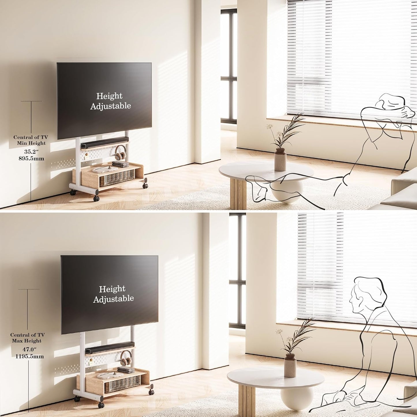 FITUEYES Rolling TV Floor Stand for 40-85in TVs, Heavy Duty Mobile TV Stand on Wheels Lockable, TV Cart with Wooden Large Storage Shelf & Pegboard Hold up to 132 lbs for Bedroom, Living Room, Office